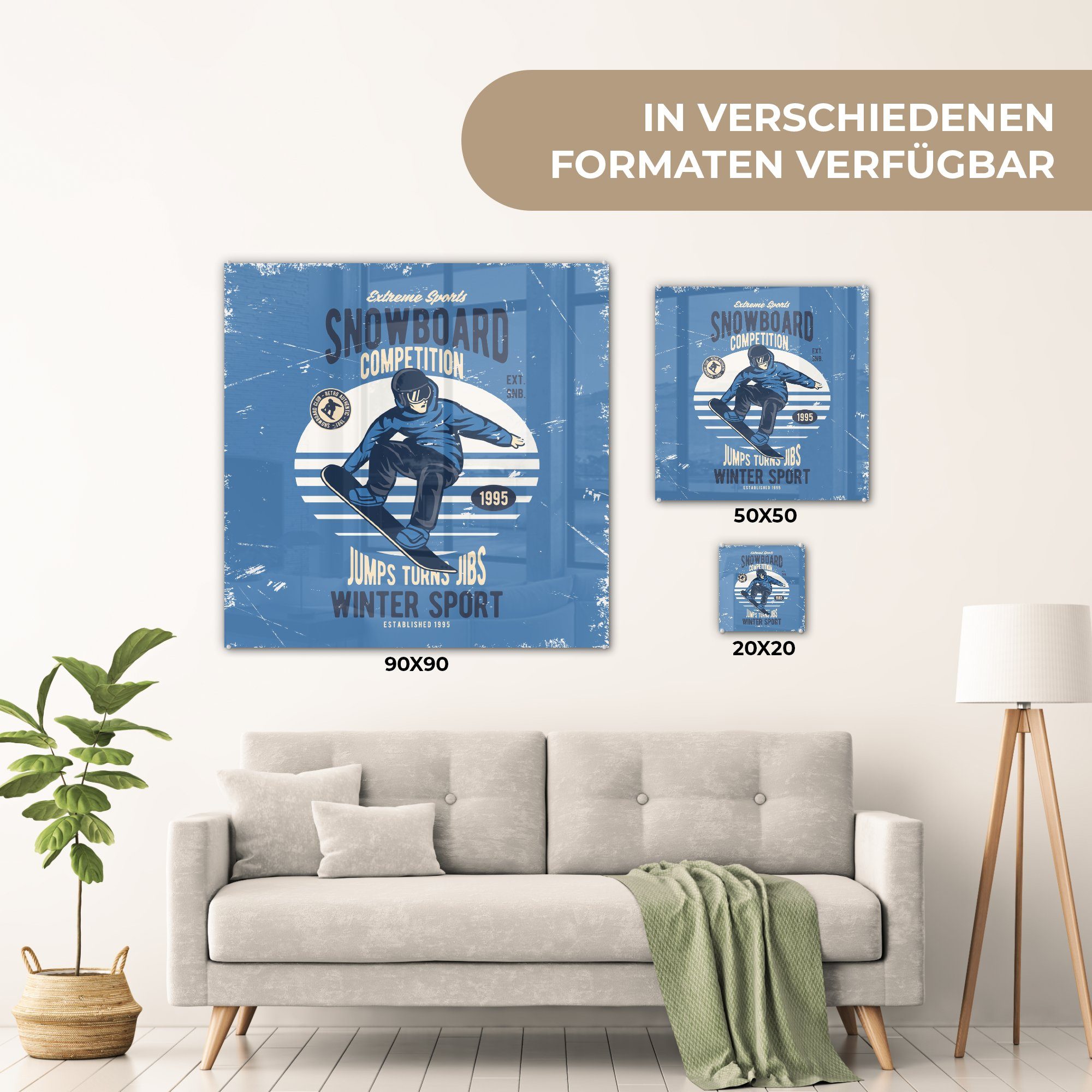 - St), - Glas Acrylglasbild Glas MuchoWow auf Foto - Snowboard Wandbild Retro, - Bilder auf Wanddekoration Wintersport Glasbilder (1 -