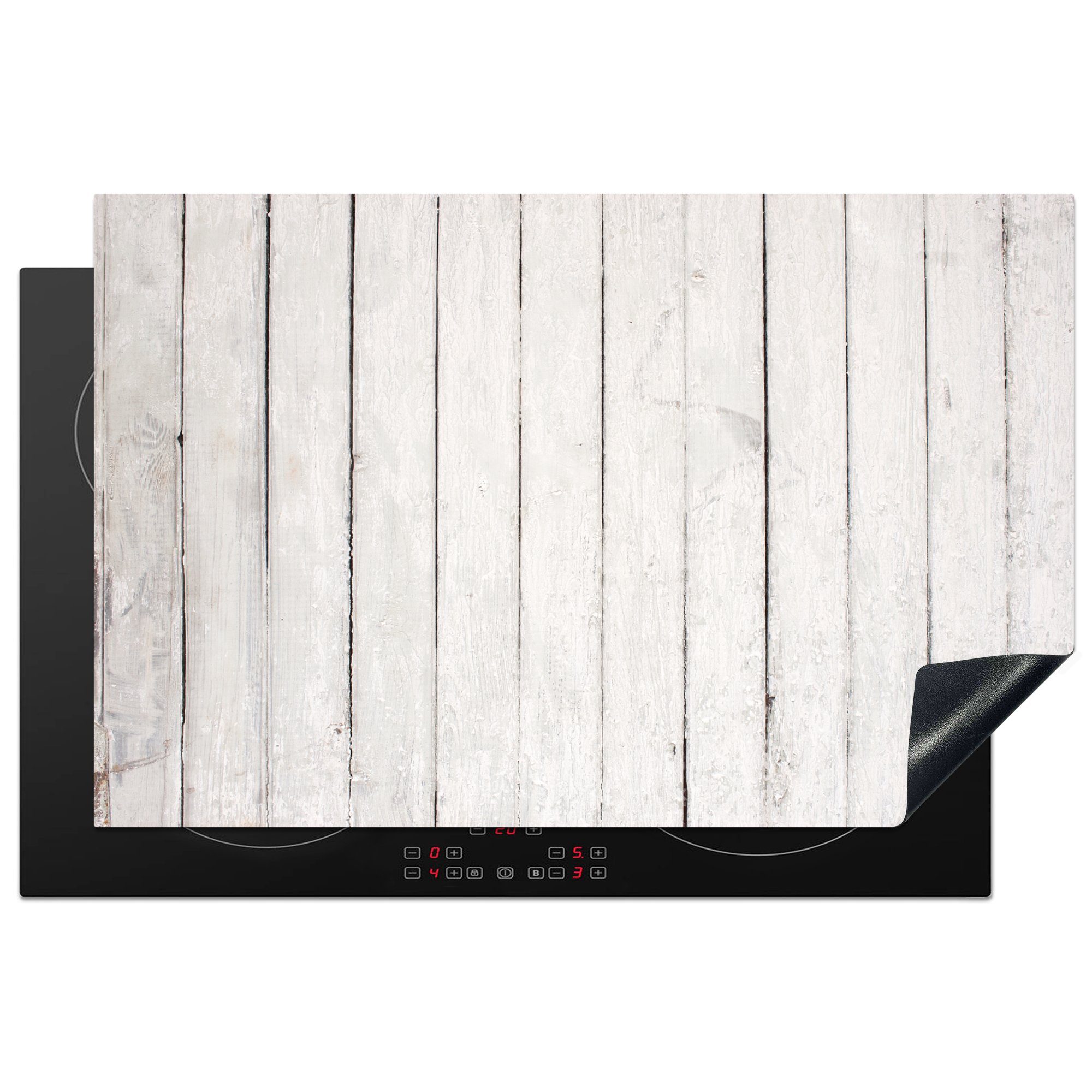 MuchoWow Herdblende-/Abdeckplatte Regale - Natürlich - Weiß - Holz, Vinyl, (1 tlg), 81x52 cm, Induktionskochfeld Schutz für die küche, Ceranfeldabdeckung
