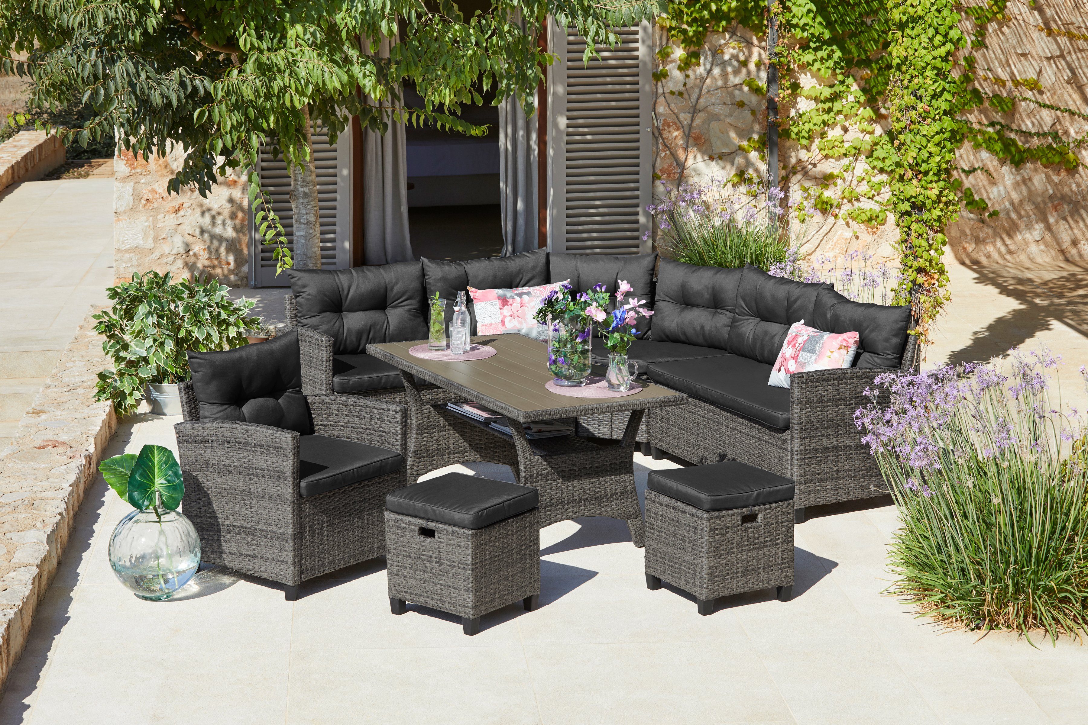 KONIFERA Gartenlounge-Set Keros Premium, (20-tlg), braun/grau anthrazit, Hocker, | Ecklounge, Tisch, 2 braun, Polyrattan Sessel, grau