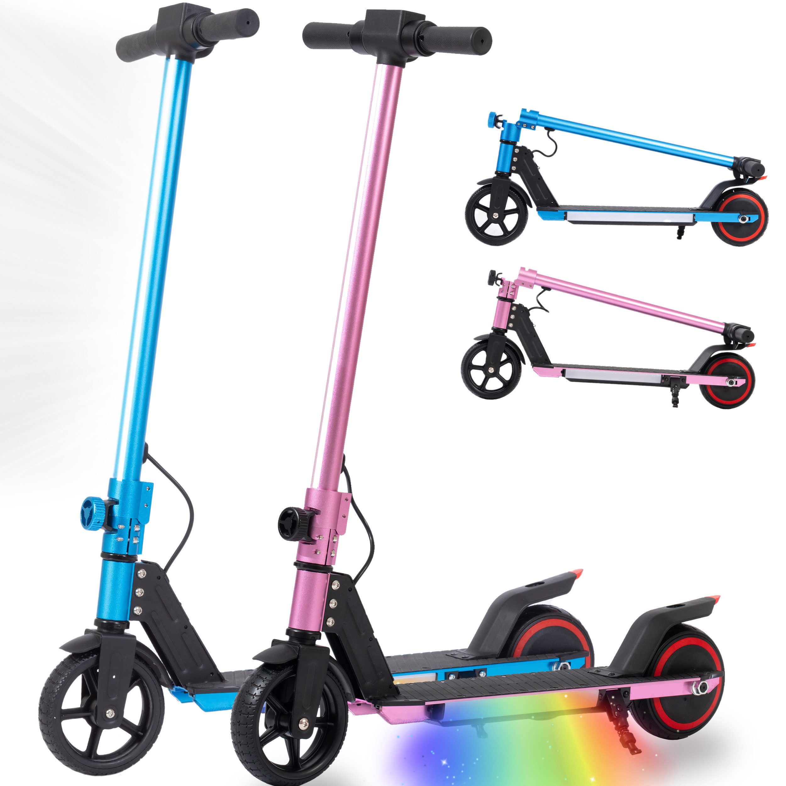 Vankel E-Scooter Kinder ab 6 Jahre, klappbar, 10km, Bunte Leuchten, Jungen und Mädchen, 150 W, 14 km/h, (für Jungen und Mädchen, max. 50kg, Aluminiumrahmen, faltbar), Elektro-Kinderroller, Lenksäulenlicht, mit Haken, EBS + Fußbremse