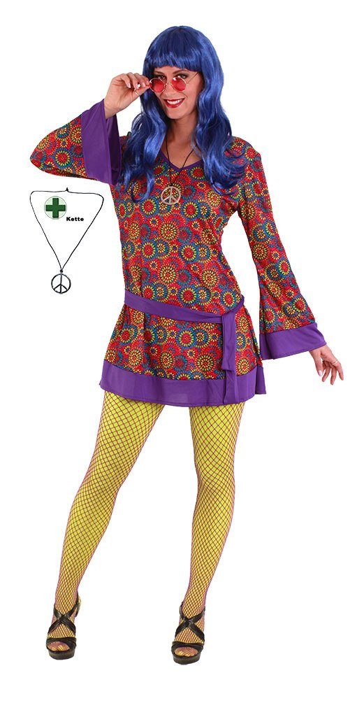 Karneval-Klamotten Hippie-Kostüm Damenkostüm Woodstock mit Peace Kette, Kleid lila-bunt, V-Ausschnitt, mit Haarband und Halskette