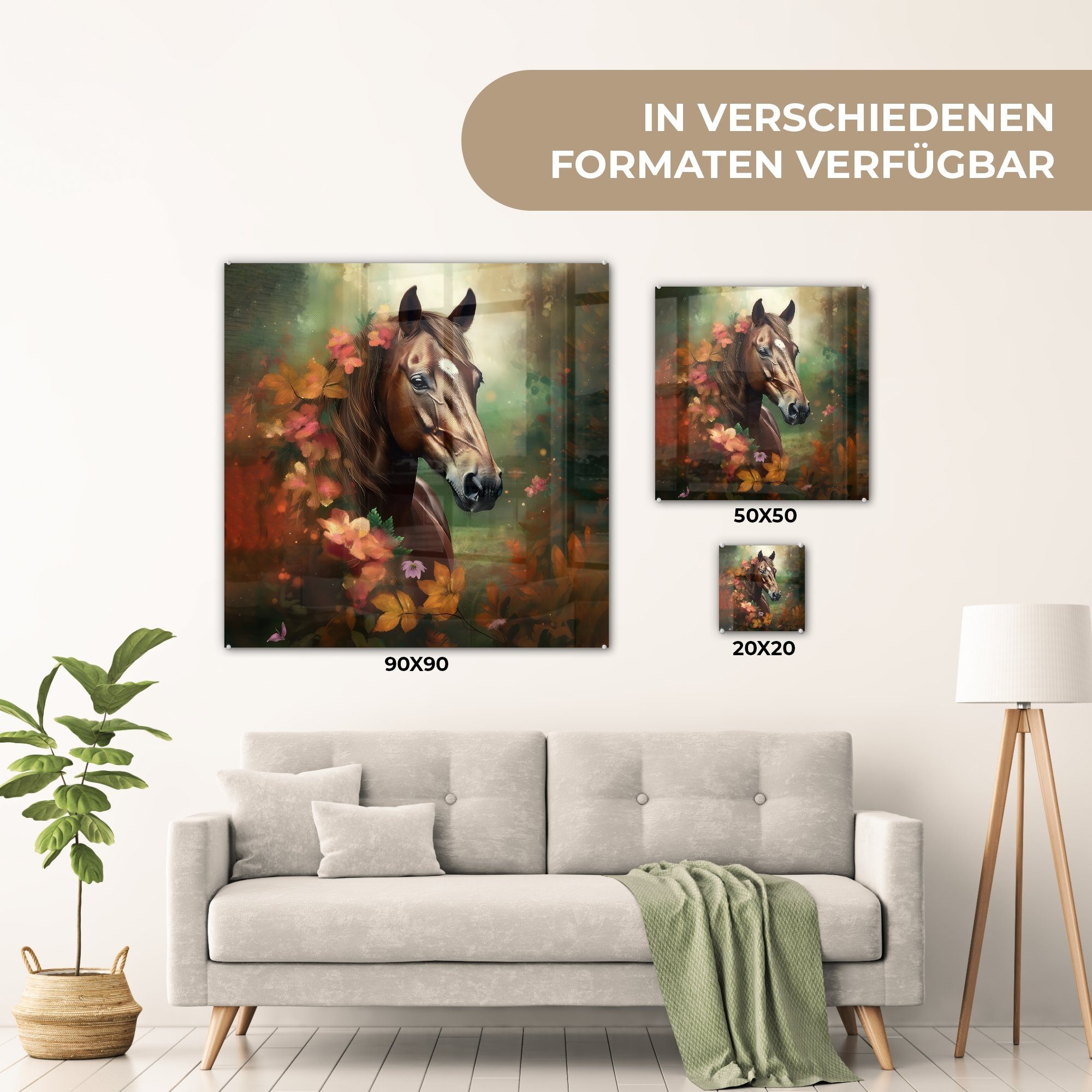 - Blumen Bilder - - (1 auf - Wald - - St), MuchoWow Wandbild - Foto Natur Pferd - Glas Wanddekoration Acrylglasbild Tiere Glasbilder auf Glas Orange,