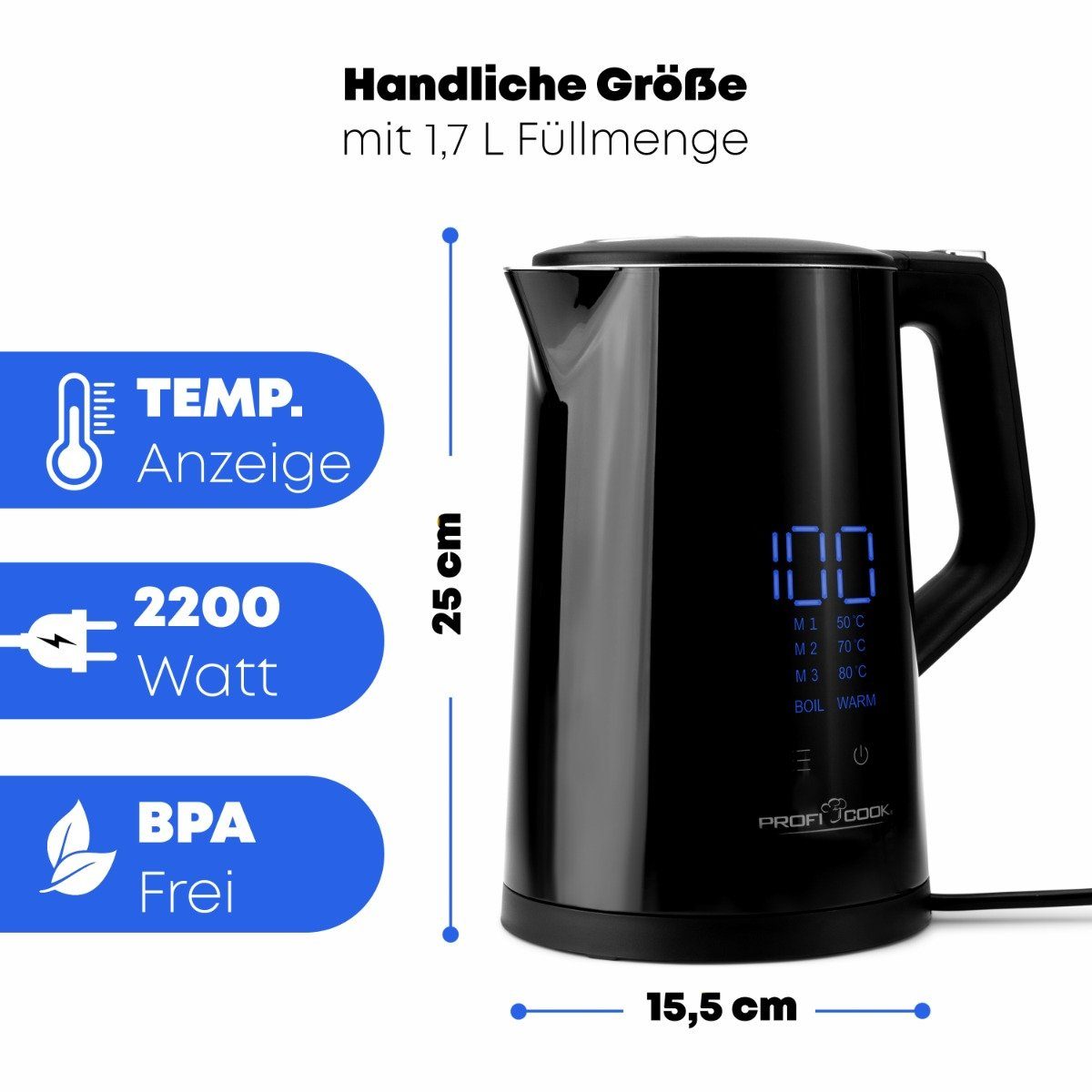 ProfiCook Wasserkocher PC-WKS 1243, 1,7 L Temperatureinstellung 50°-100°C, Soll & Ist Temperaturanzeige – Bild 4 von 5