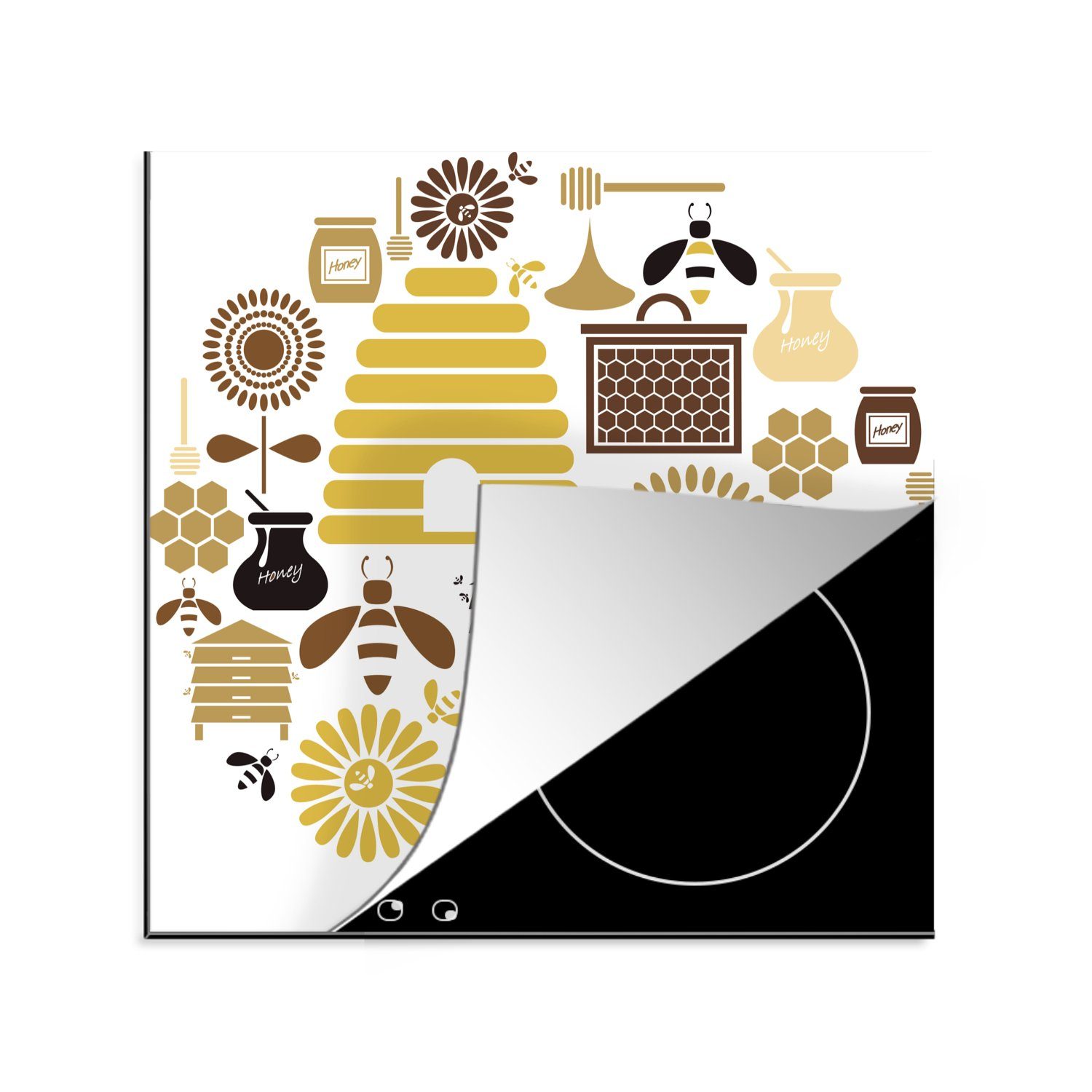 MuchoWow Herdblende-/Abdeckplatte Eine Illustration der Piktogramme von Bienen, Vinyl, (1 tlg), 78x78 cm, Ceranfeldabdeckung, Arbeitsplatte für küche