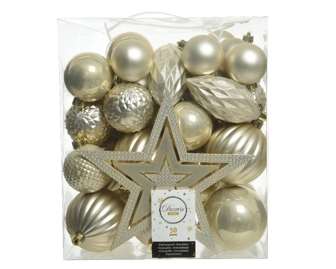 Decoris season decorations Weihnachtsbaumkugel, Weihnachtskugeln Kunststoff mit Christbaumstern 50er Set - Perle