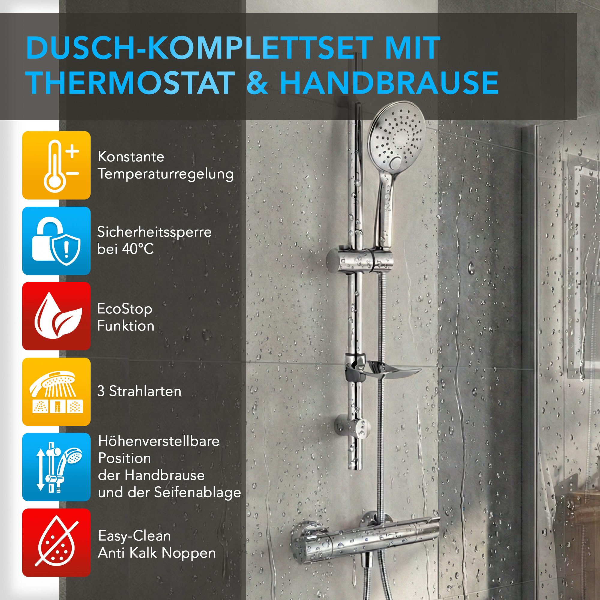 hansgrohe Duscharmatur Ecostat 1001CL Brausethermostat Set mit Aloni Handbrause & Regendusche (Spar-Set) EcoStop & 40°C Sicherheitssperre, Armatur in chrom, Wandmontage