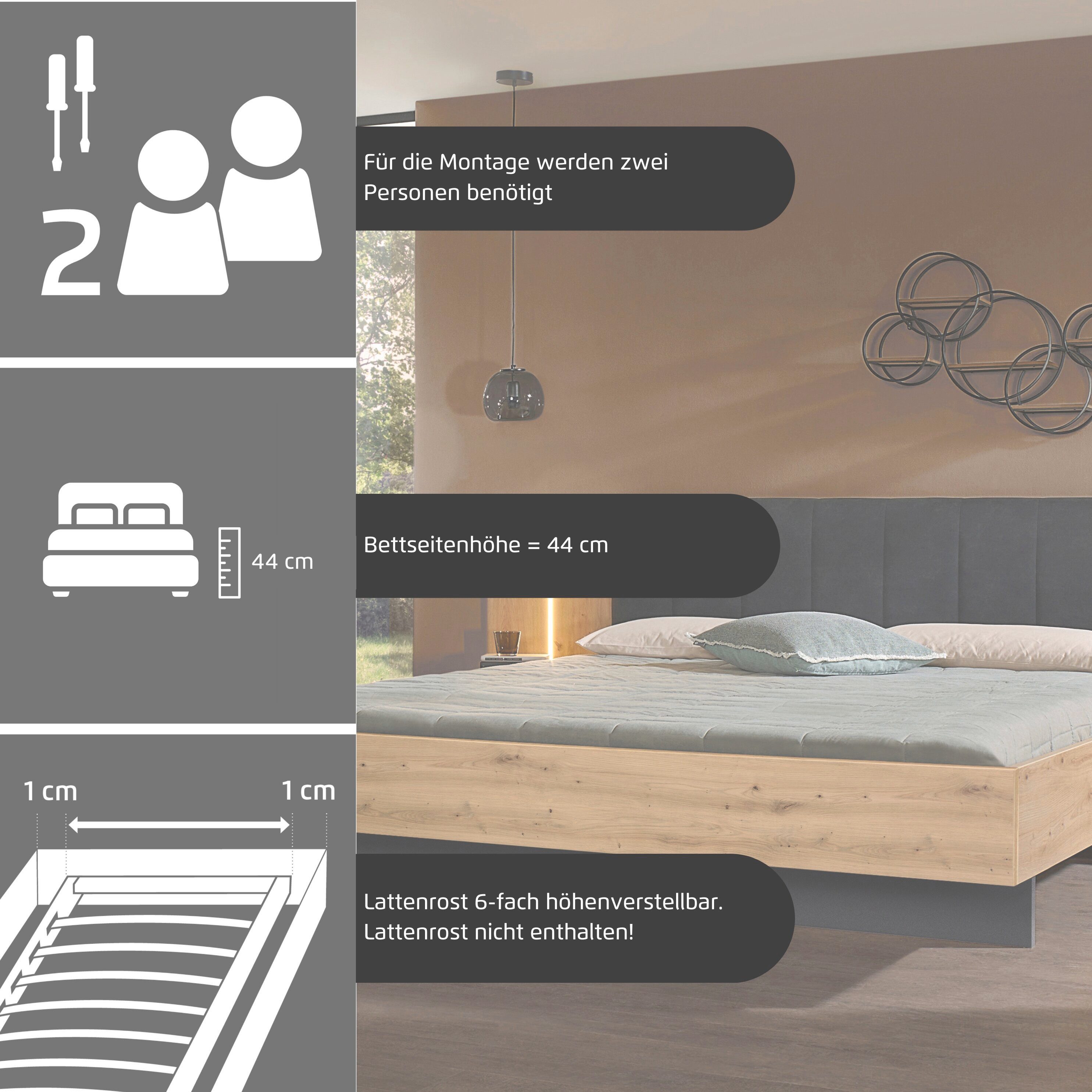 rauch Bettanlage Bett Doppelbett Komfortbett Funktionsbett APOLLON, (3-tlg., Liegefläche 180x200, optional mit Bettbank und Stauraum), Polster-Kopfteil in Lederoptik black, mit Beleuchtung MADE IN GERMANY