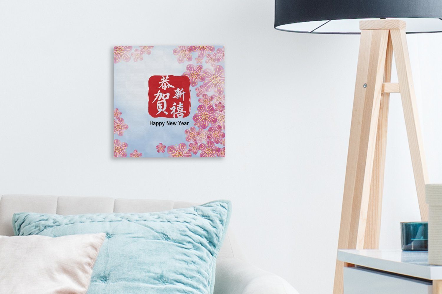 Schlafzimmer Illustration OneMillionCanvasses® chinesischen (1 Wohnzimmer Leinwandbild Eine des Neujahrsfestes, Bilder Leinwand St), für