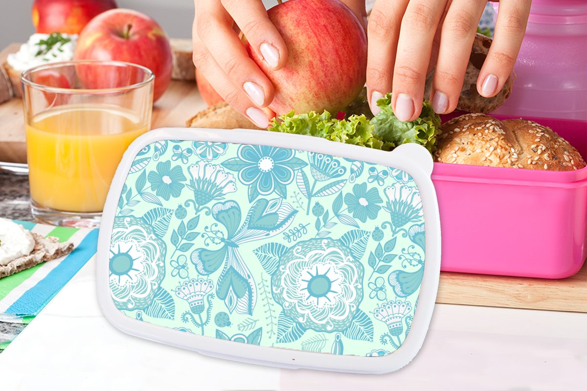 MuchoWow Lunchbox Brotbox für Brotdose - (2-tlg), - Blau Kunststoff, Weiß Erwachsene, Blumen - Snackbox, Kunststoff Kinder, Mädchen, Muster, rosa