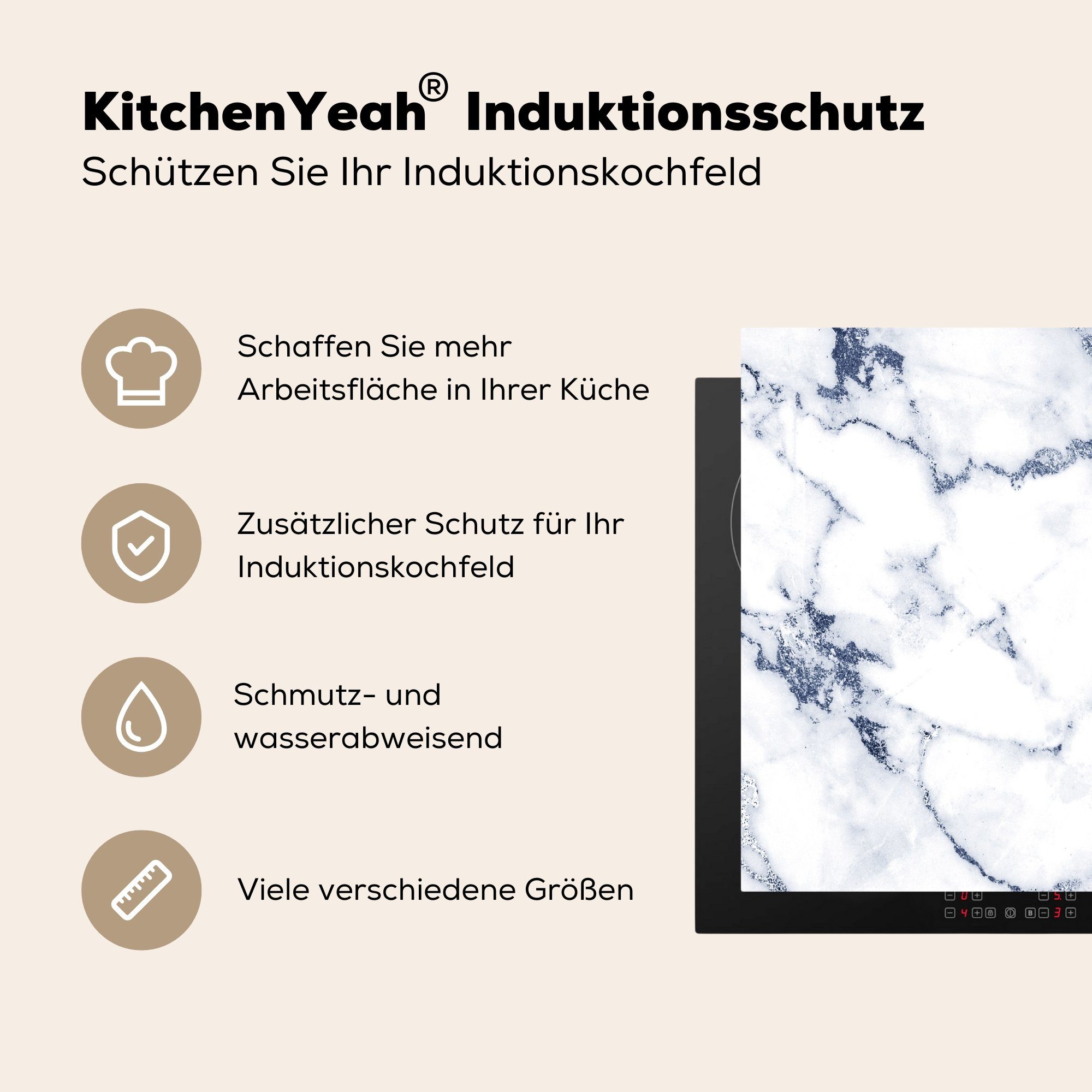 Induktionsschutz, Vinyl, Steine, Weiß tlg), 57x51 cm, MuchoWow Marmor Induktionskochfeld, - (1 Ceranfeldabdeckung Herdblende-/Abdeckplatte -