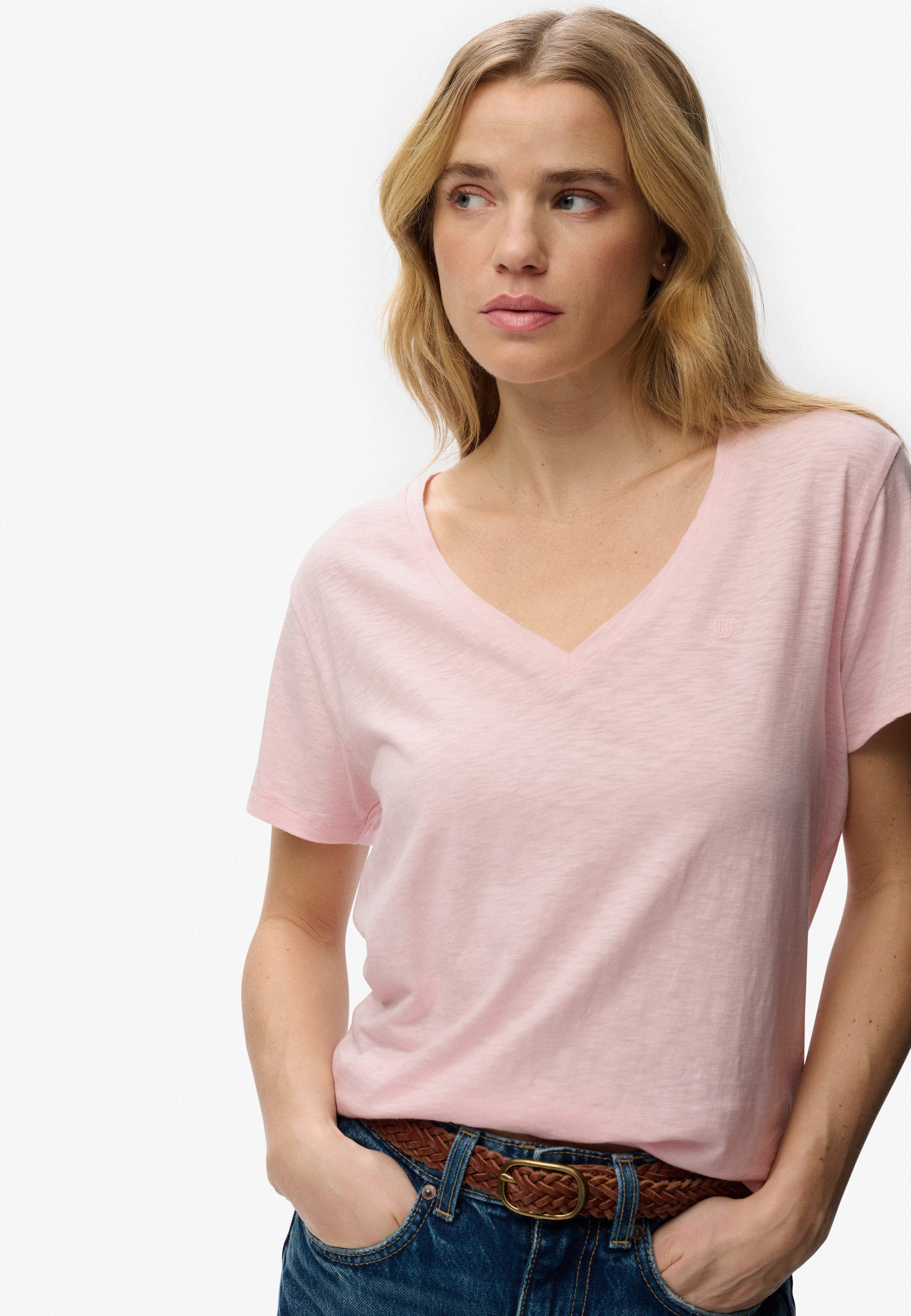 Superdry T-Shirt STUDIOS SLUB EMB VEE TEE Baumwollmischung, relaxed fit