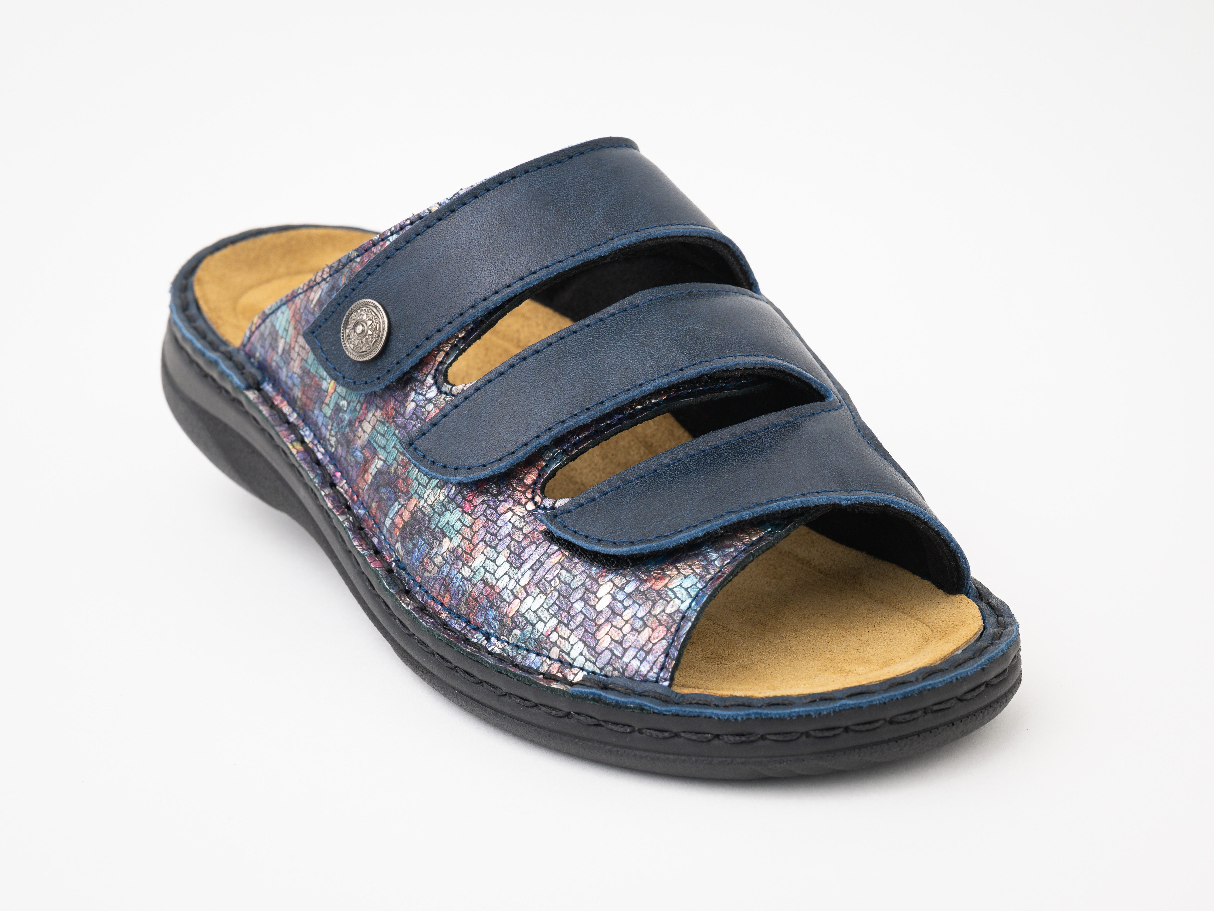 Franken-Schuhe Art. 32033-B50 Farbe: "marine" Damen Comfort Pantolette (mit loser Einage & Spezialweite "M", STRECH Einsatz für Hallux Valgus, weiches Innenfutter) "Made in GERMANY", echt Leder, STRETCH, Weite M