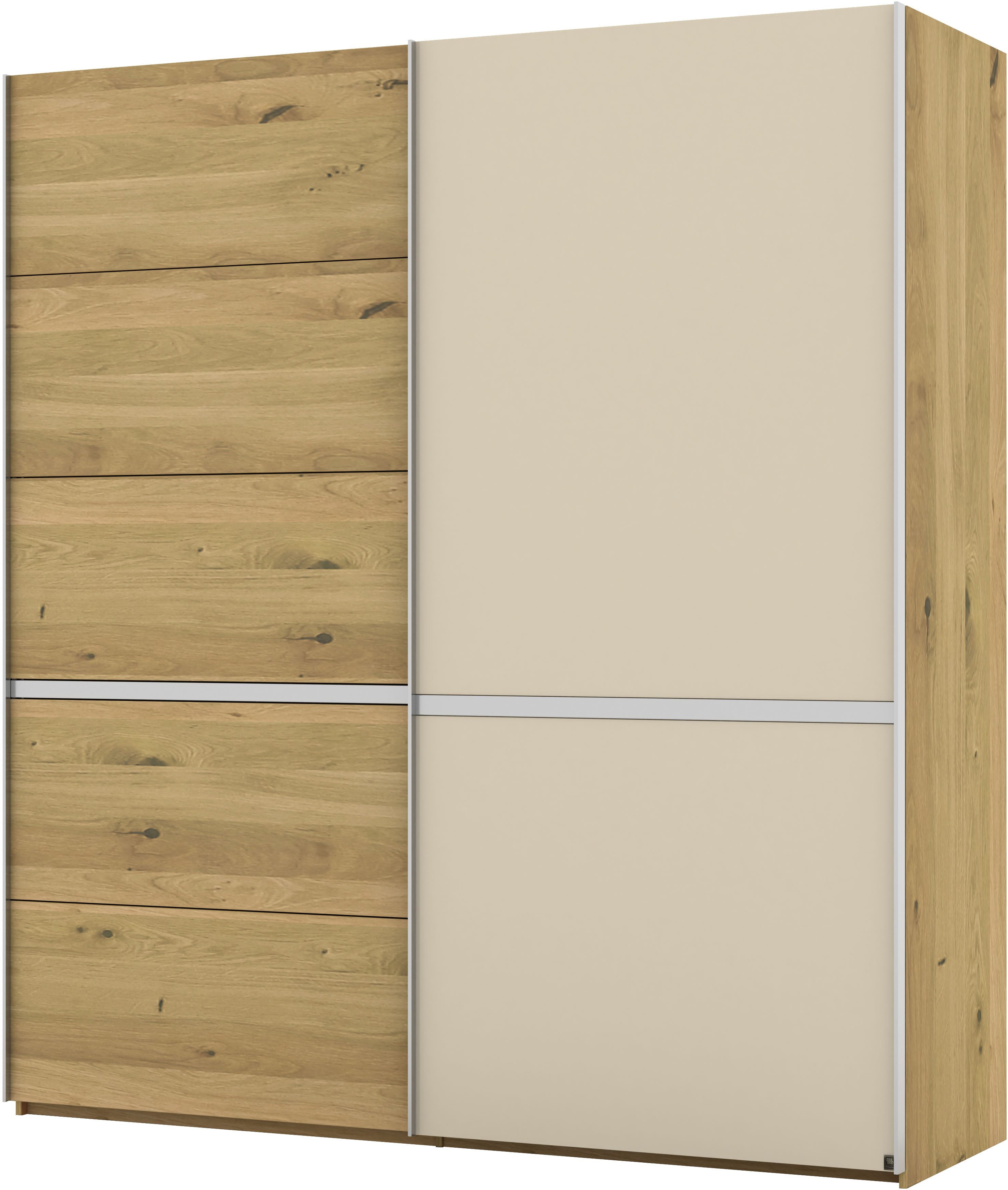 Musterring Schwebetürenschrank Savona, Kleiderschrank, Schrank, Garderobe, mit Schiebetüren (Teilmassiv Bianco-Eiche, mit Spiegel oder Glas, MADE IN GERMANY) Türen Bianco-Eiche massiv, Spiegel-/Glastüren, eingelegte Chromleiste