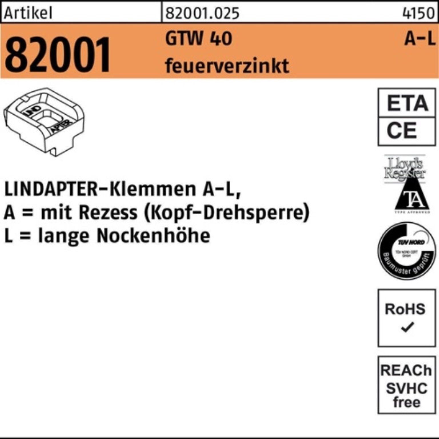 LM Pack Lindapter R feuerverz. 1 40 Klemmen Klemmen GTW 100er 12/9,5 82001 Stück LINDAP