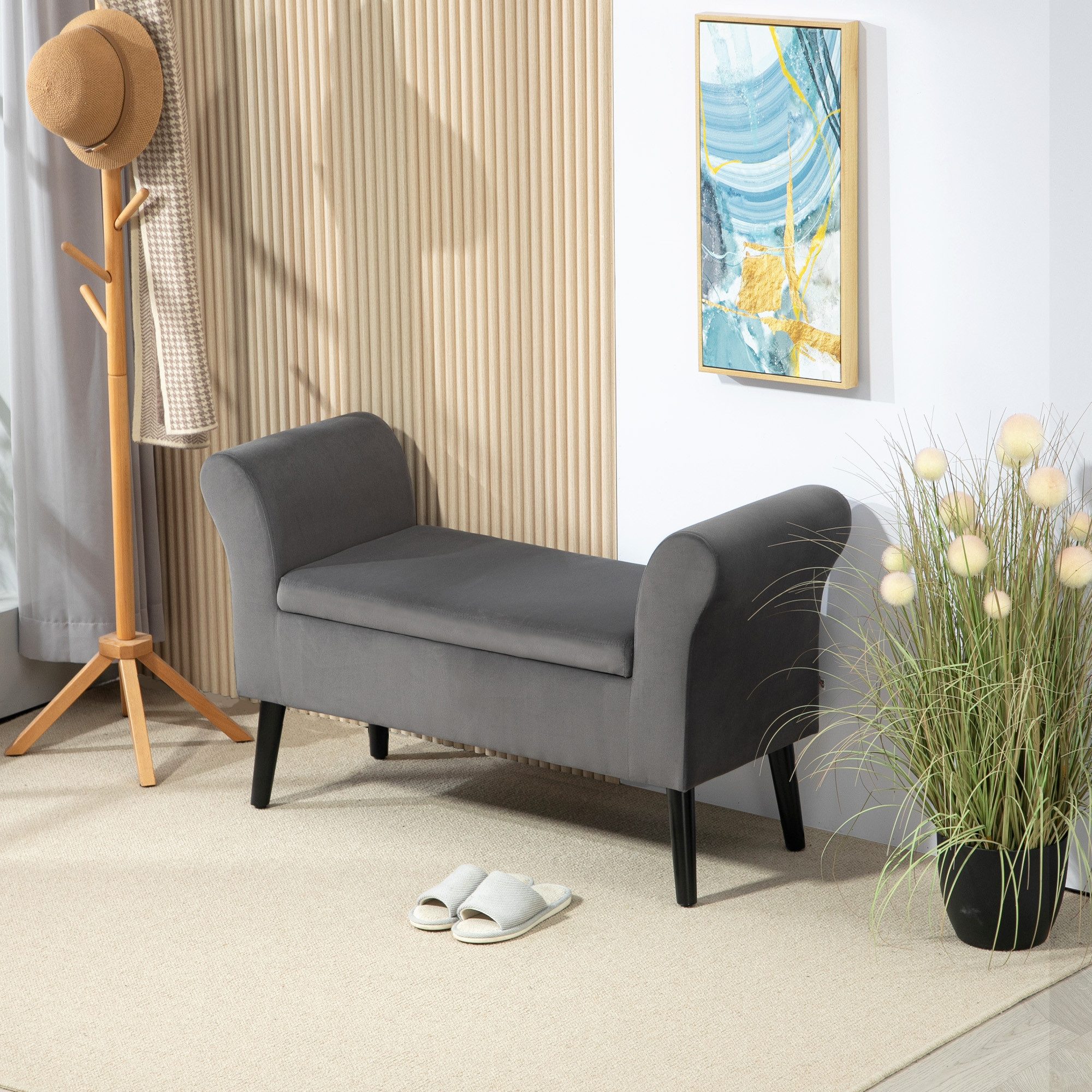 HOMCOM Sitzbank mit Stauraum, Armlehnen, Sitzhöhe 46cm (Truhenbank, 1-St., Polsterbank), für Flur Schlafzimmer Polyester 111,5 x 41 x 65 cm Dunkelgrau