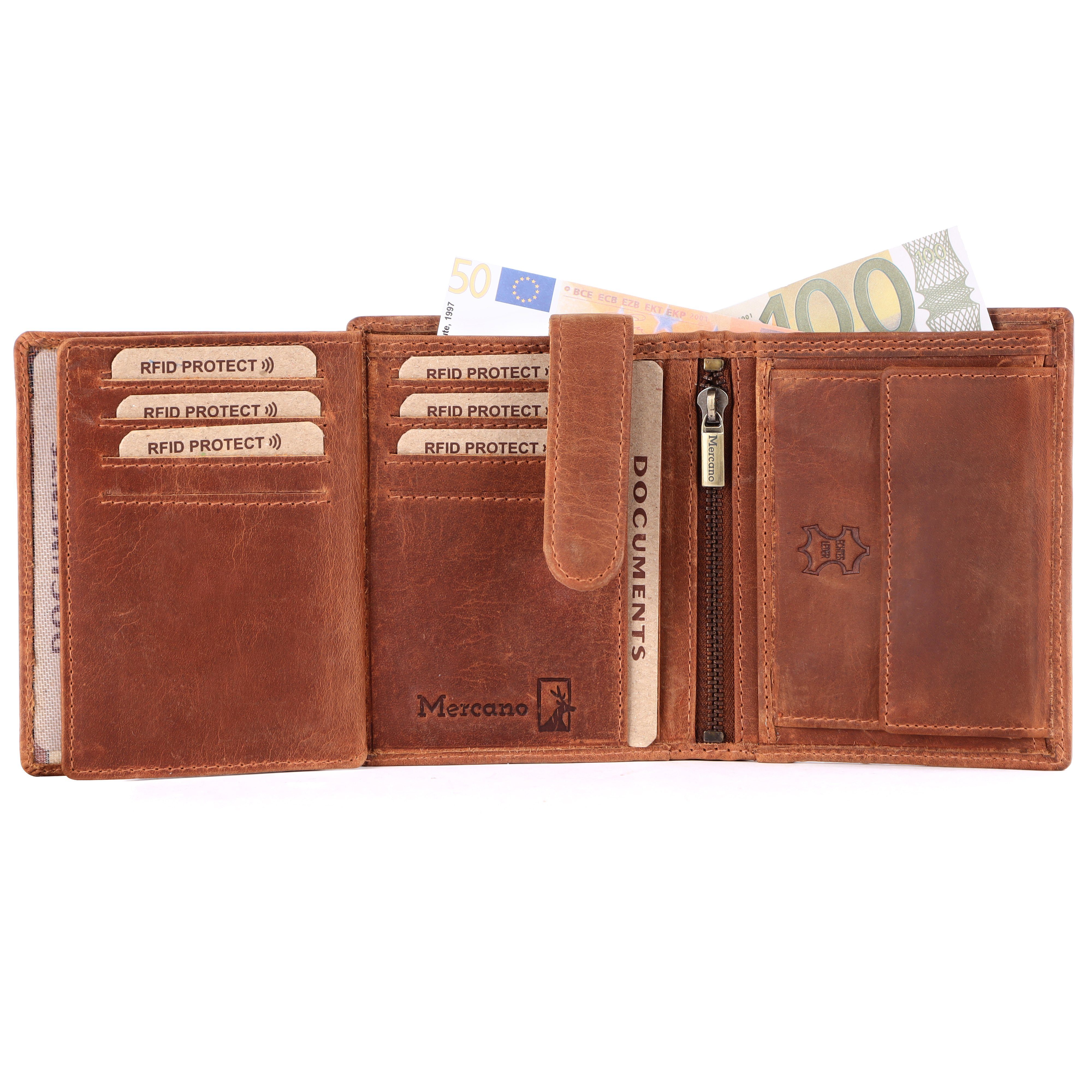 Mercano Geldbörse für Damen und Herren aus Echtleder (inkl. Geschenkbox), RFID-Schutz, Münzfach, vielseitige Dokumentfächer