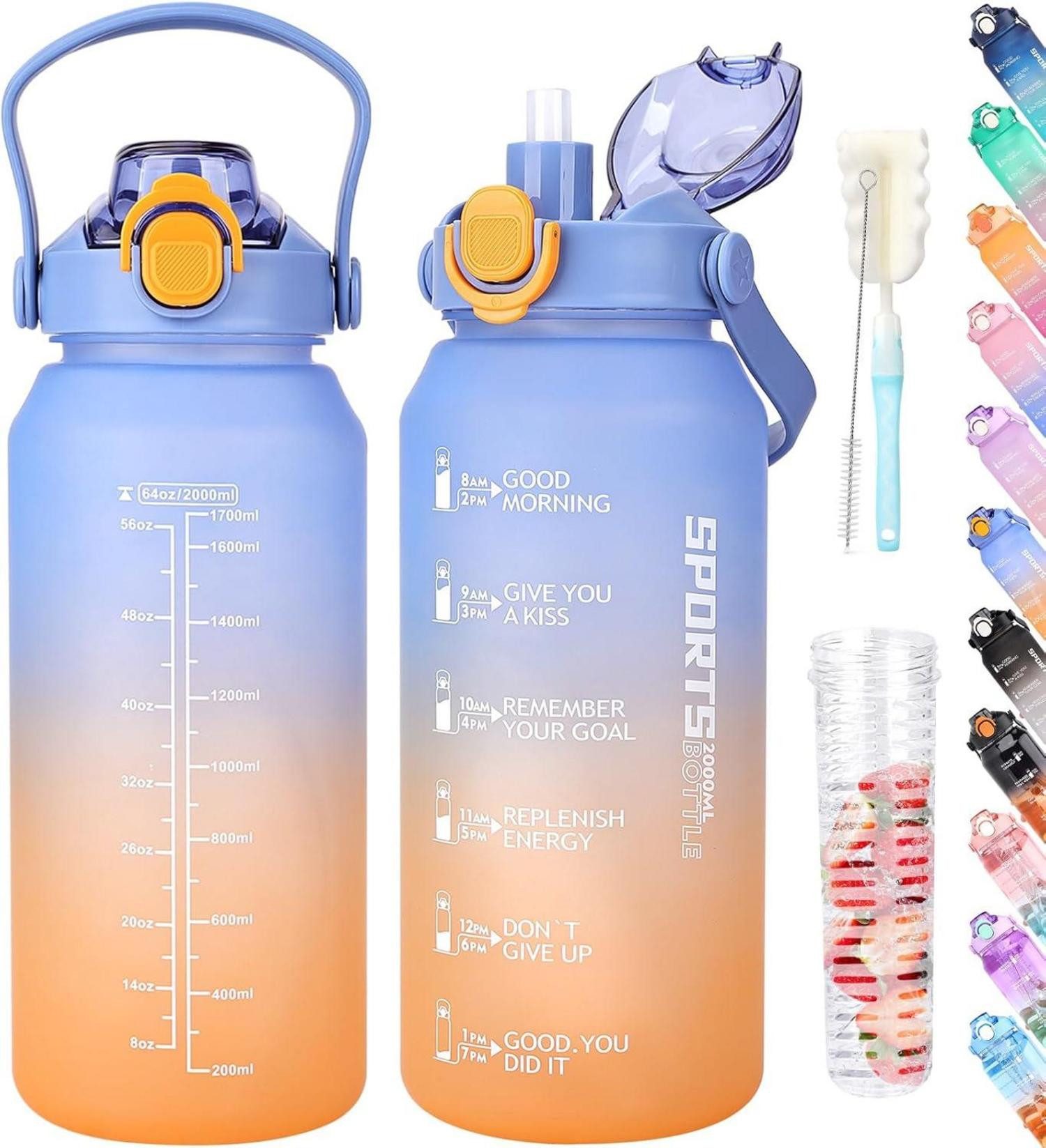 Becher Trinkflasche 2l mit Strohhalm & Früchtebehälter, BPA