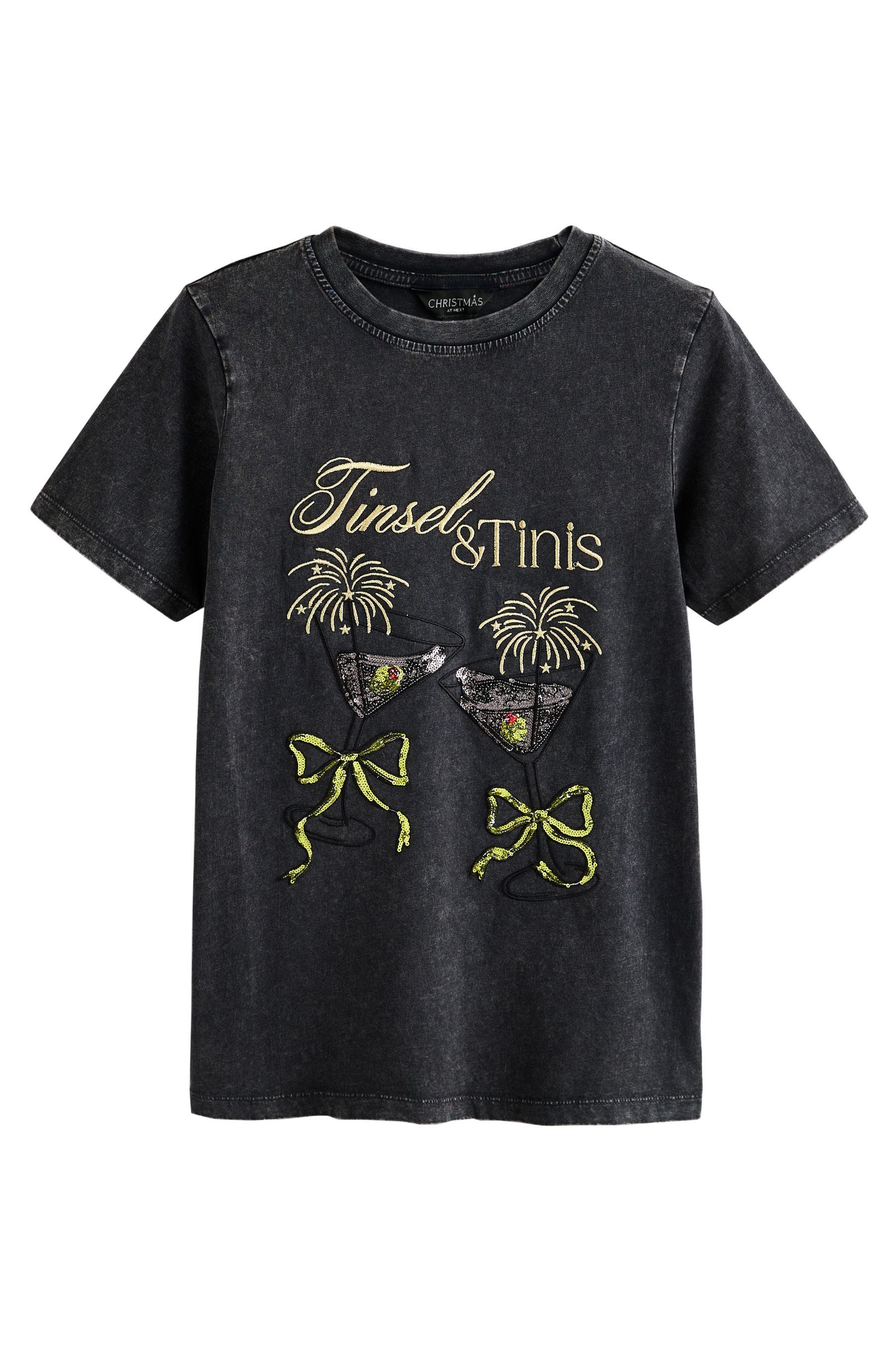 Next T-Shirt Rundhals-T-Shirt mit Tinsel Tinis-Stickerei (1-tlg) günstig online kaufen