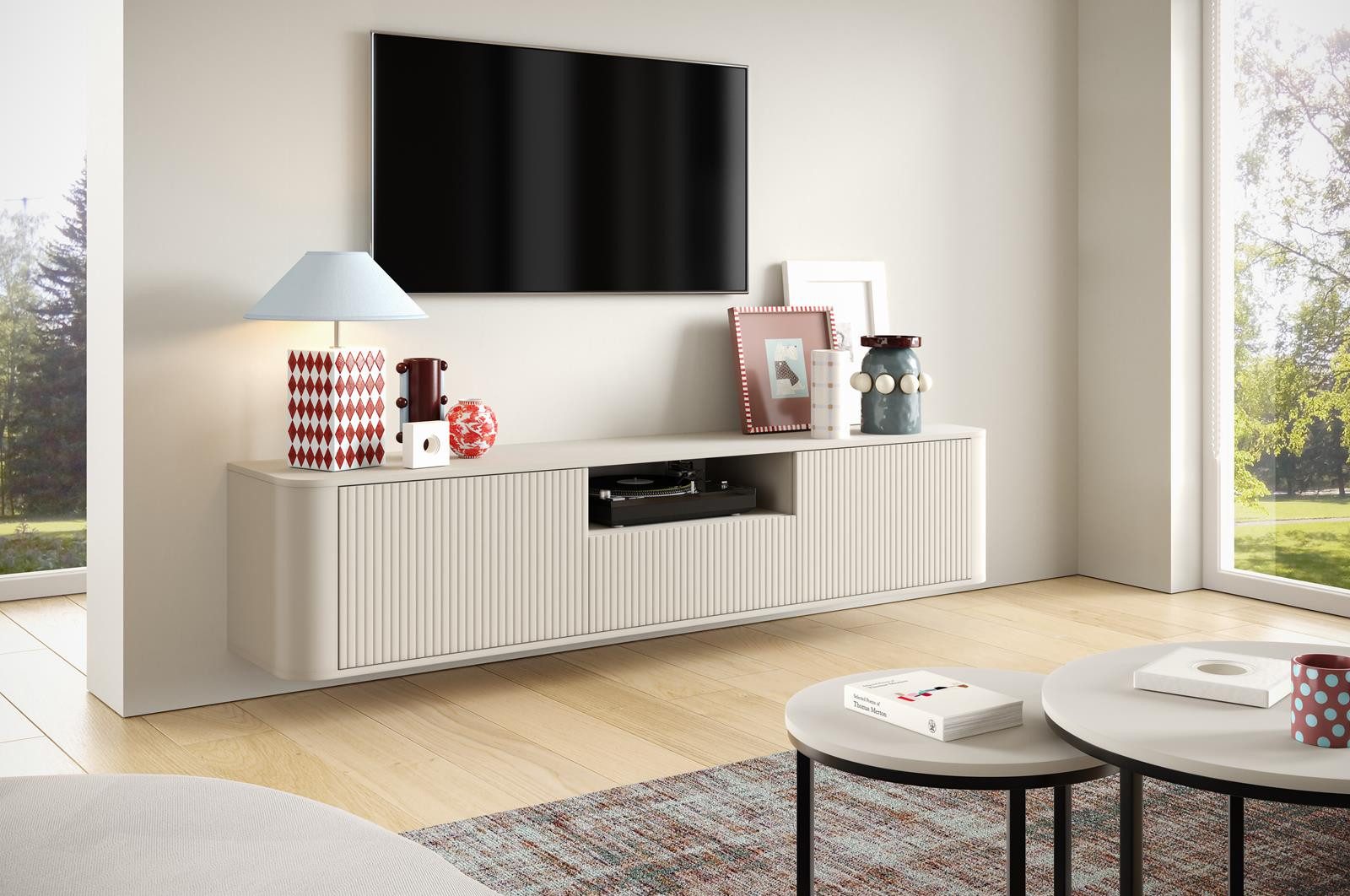 Compleo TV-Schrank japandi, elegantes Lowboard Wohnzimmer, Fernsehtisch 200 cm hängendes TV-Board mit Lamellen