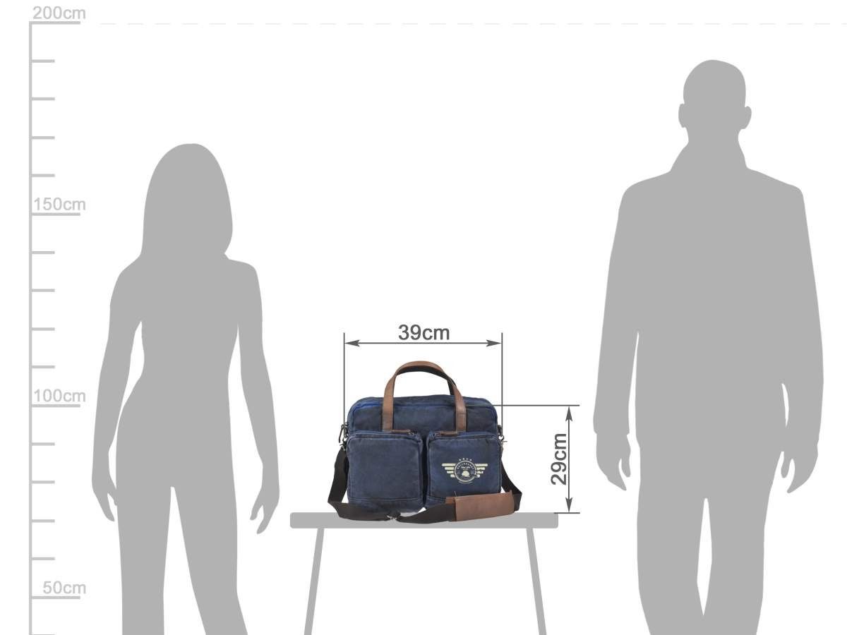 Greenburry Umhängetasche "Aviator Blue Edition" blau, Canvas mit Lederbesatz, Businesstasche 39x29cm mit Notebookfach