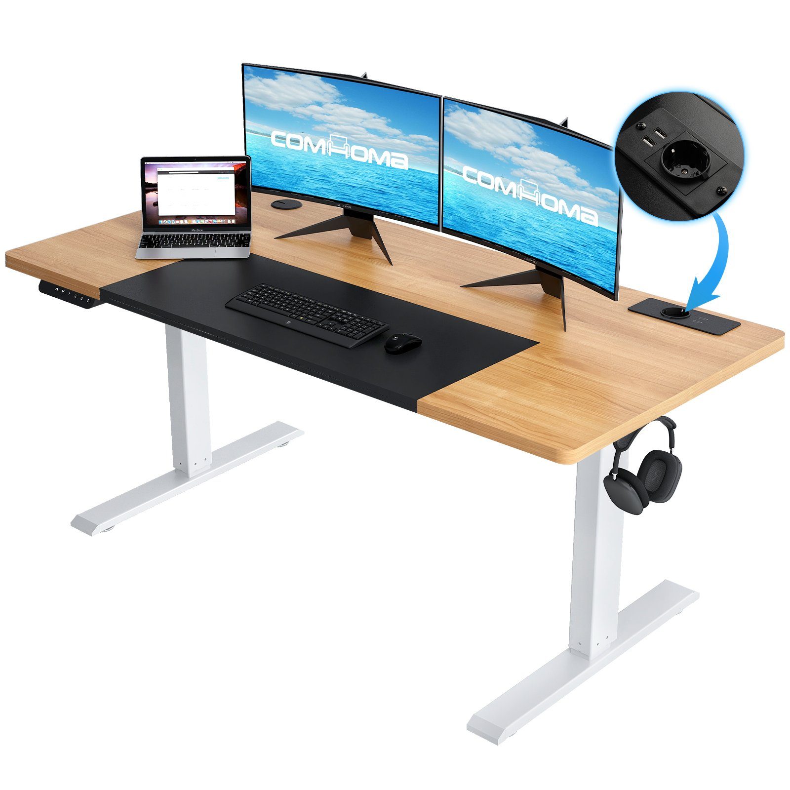 GTPLAYER Schreibtisch Höhenverstellbarer Computertisch elektrisch, stufenlos, mit Steckdose und Haken
