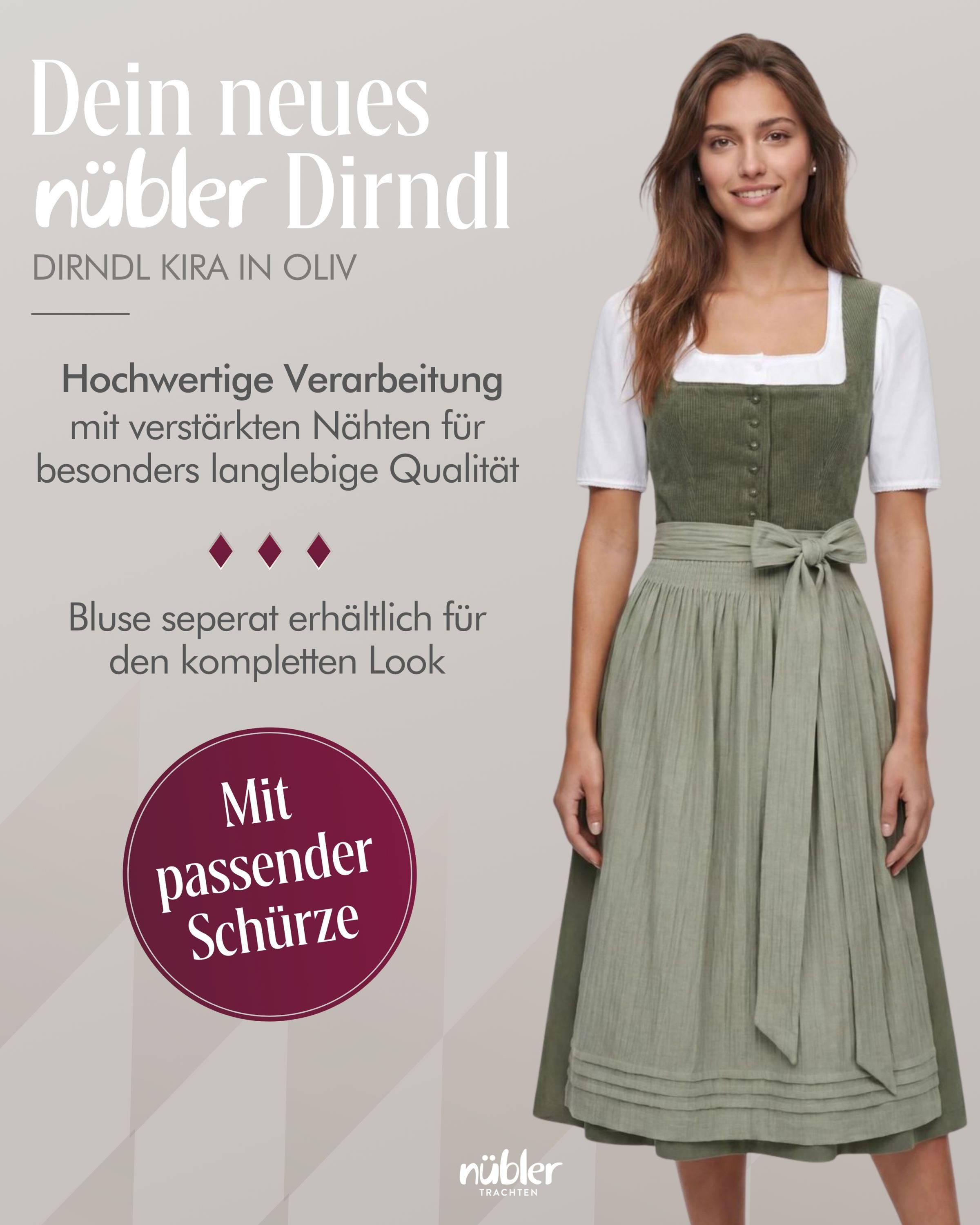 Nübler Trachtenkleid Mididirndl Kira in Oliv - Rocklänge 65 cm