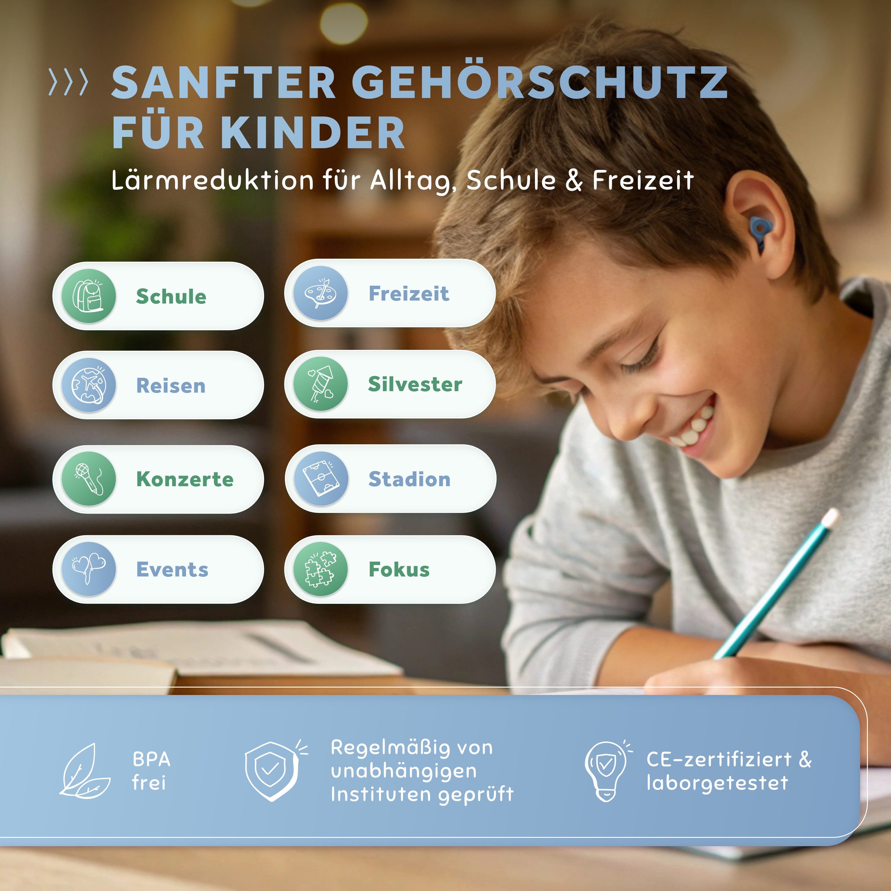 Schallwerk Gehörschutzstöpsel Kids+ Ohrstöpsel Kinder - Weiche & wiederverwendbare Ohrstöpsel, bei Lärmempfindlichkeit, Konzentration & Reisen