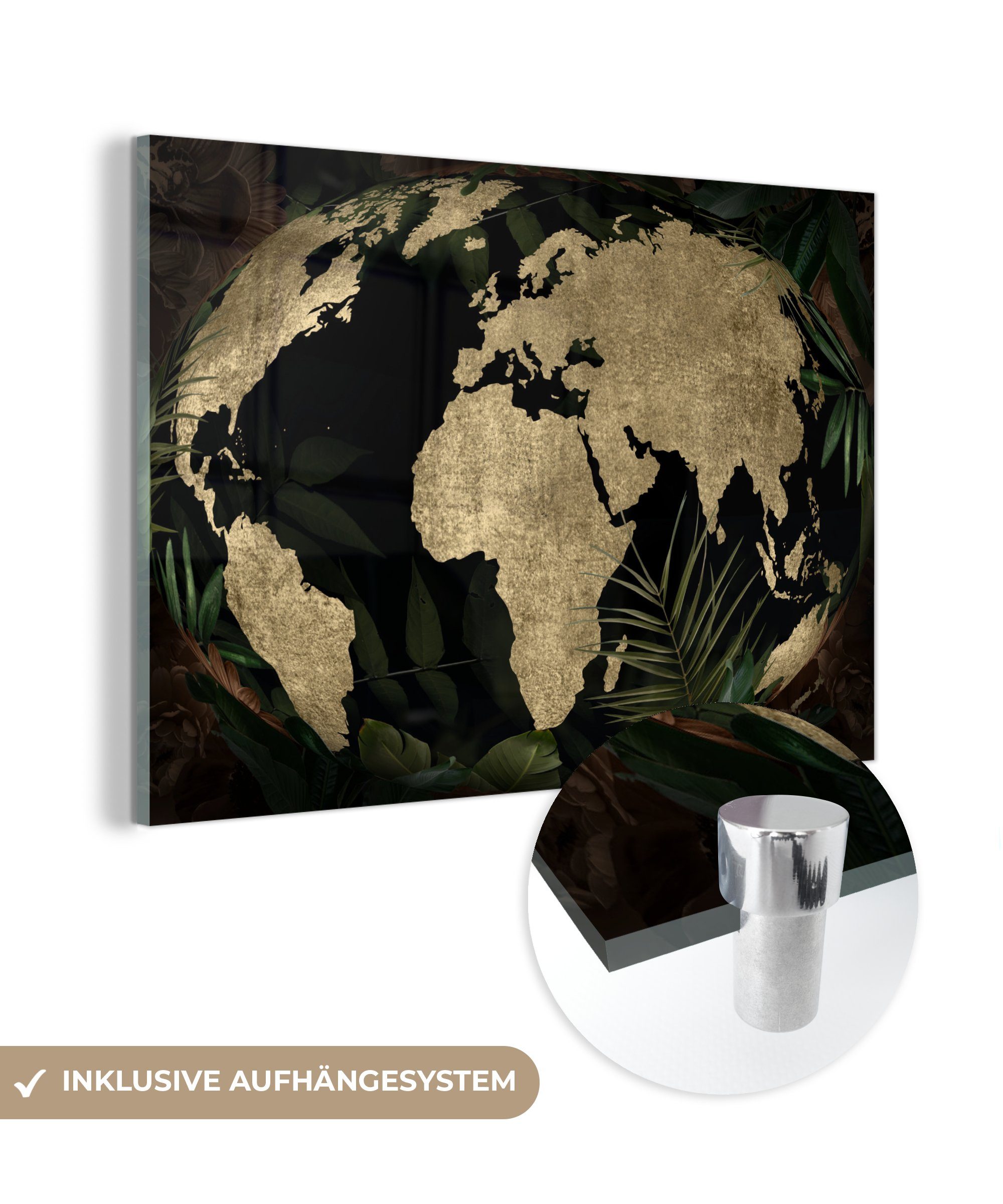 MuchoWow Acrylglasbild Weltkarte - Pflanzen - Vintage, (1 St), Glasbilder - Bilder auf Glas Wandbild - Foto auf Glas - Wanddekoration