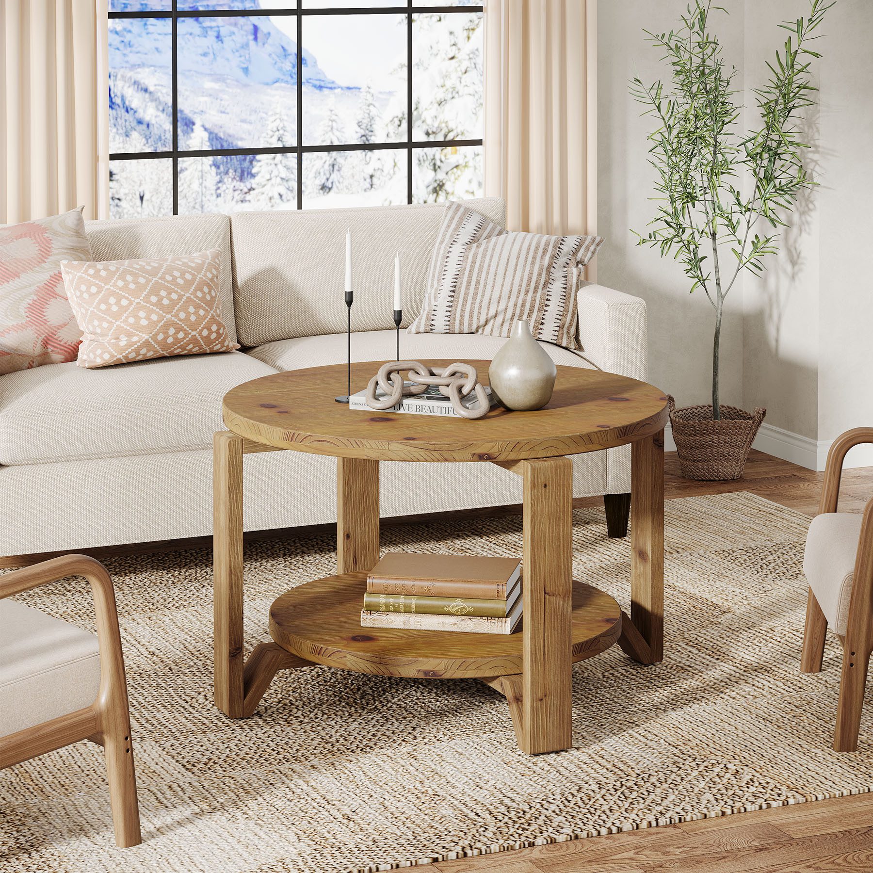 Tribesigns Couchtisch Massivholz Runder Couchtisch, 80 cm Wohnzimmertisch mit Ablageflächen