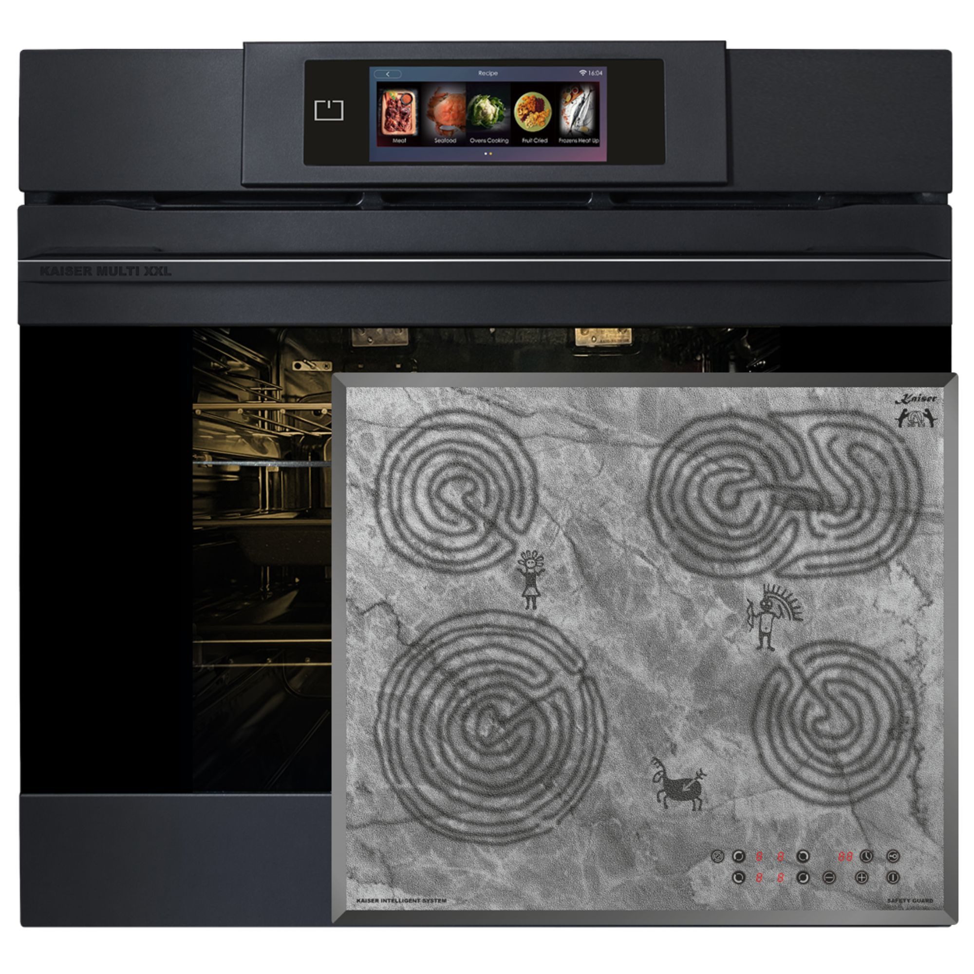 Kaiser Küchengeräte Backofen-Set Herd Set Autark XXL Multi 29, Multifunktions-Elektro-Backofen mit Pyrolyse und Dampfreinigung, 60 cm+Exklusives Kochfeld Autark 60cm mit Höhlenmalereimotiv EH 6347+KCT 6115 F Ära, mit 1-fach-Teleskopauszug