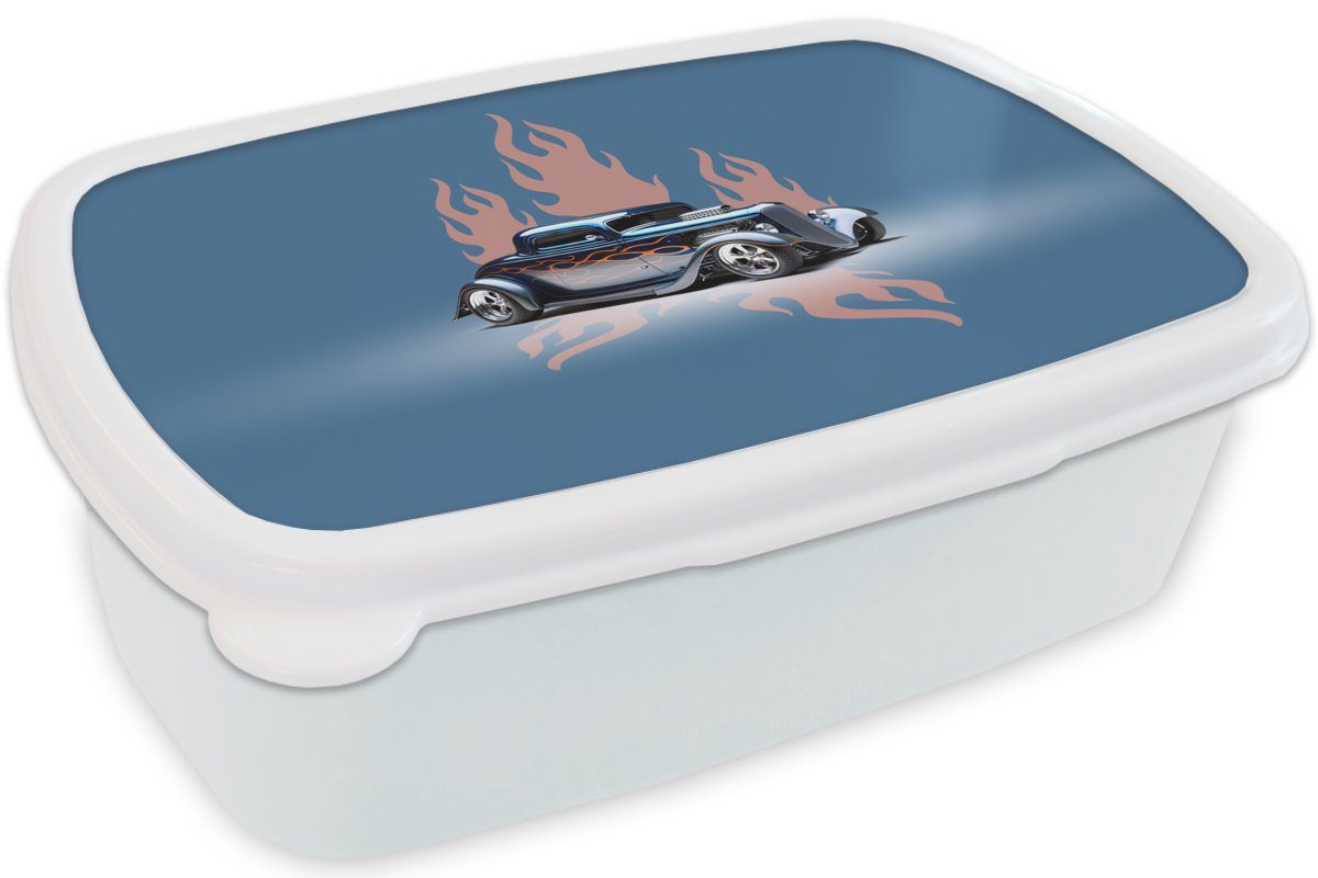 Lunchbox Flammen Brotdose, - Blau Erwachsene, Vintage, Brotbox weiß und Auto und - Mädchen Kinder MuchoWow - für Jungs für Kunststoff, (2-tlg),