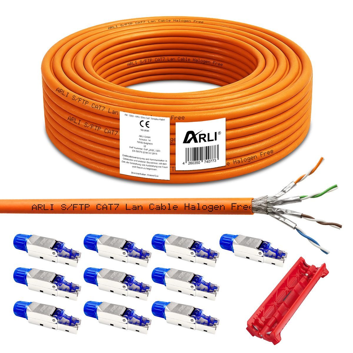 ARLI Installationskabel, RJ45, RJ-45 (Ethernet) (5000 cm), Verlegekabel Cat7 50m Kabel + 10x RJ45 Netzwerkstecker CAT8.1