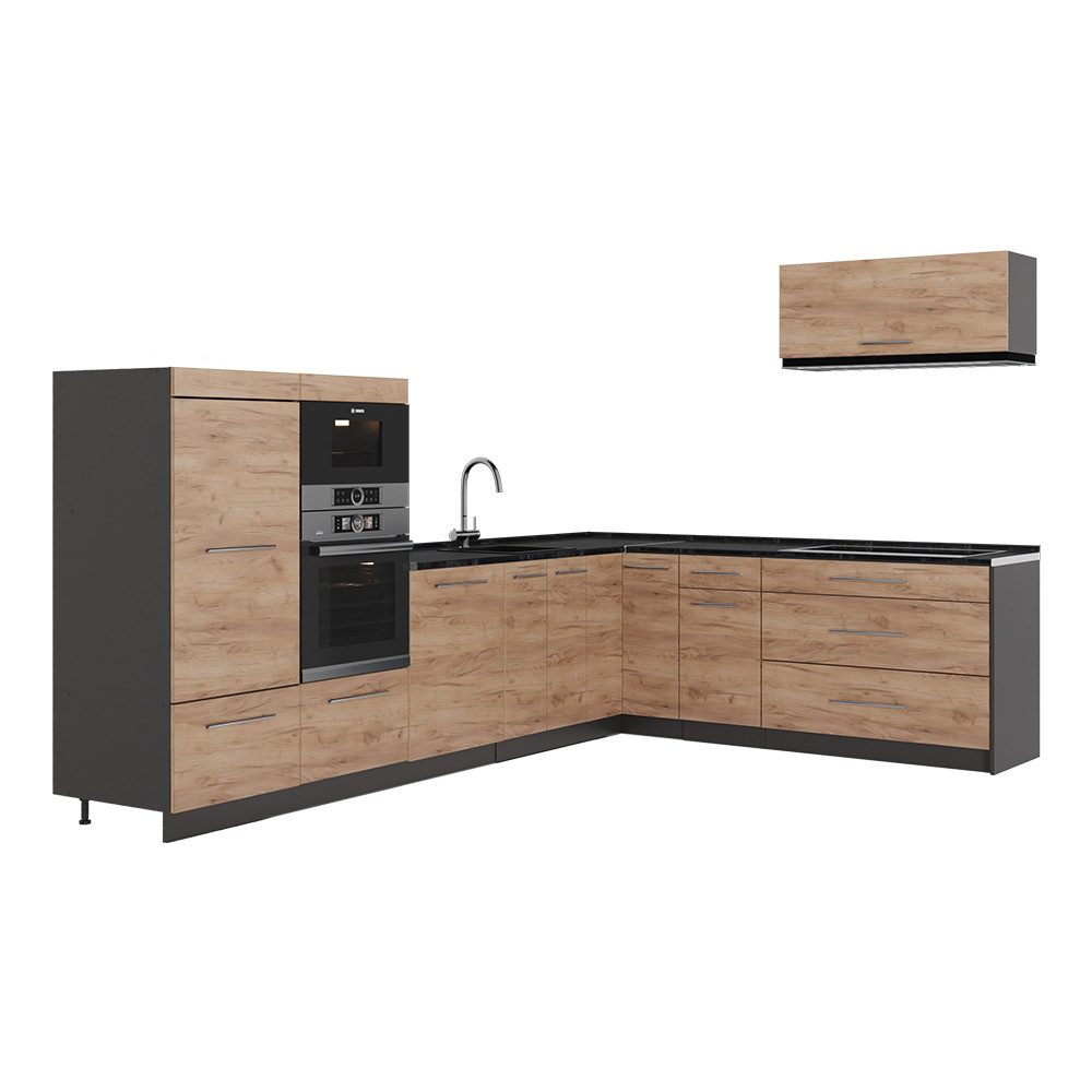 Vicco Winkelküche Fame-Line, Goldkraft Eiche/Anthrazit, 327 x 227 cm, AP Anthrazit