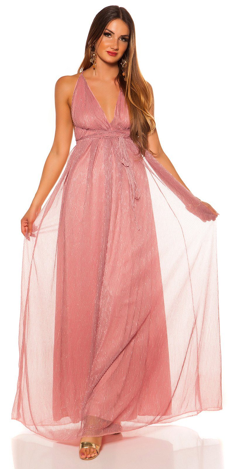 glitzerndes Abendkleid Koucla Material, rose im mit Plissee offenem Plissee-Stil Rücken Maxikleid glänzendes,