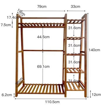 Kleiderschrank Bambus Multifunktionale Schlafzimmergarderobe Kleiderständer mit 7 Ablagen (110 x 36x 140 cm)
