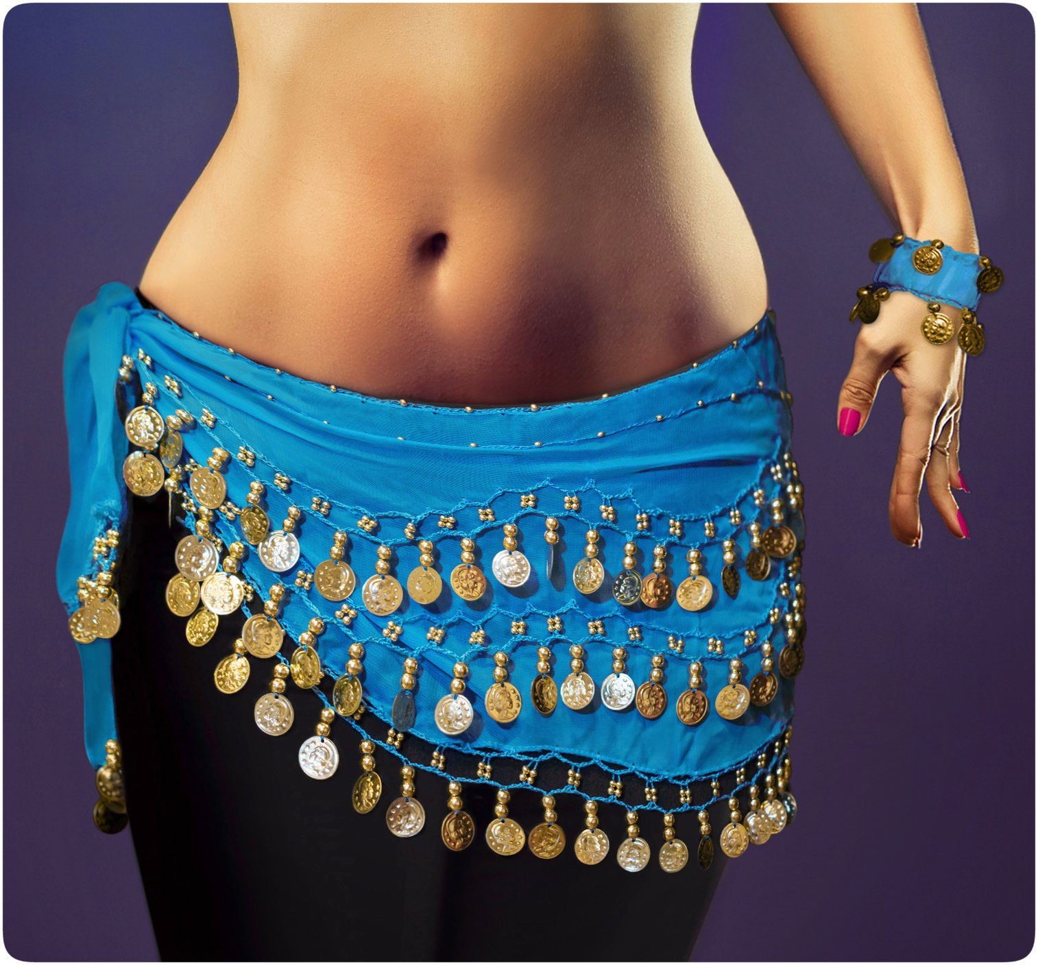Kostüm Belly Dance Bauchtanz hellblau Hüfttuch inkl ein Paar Handketten