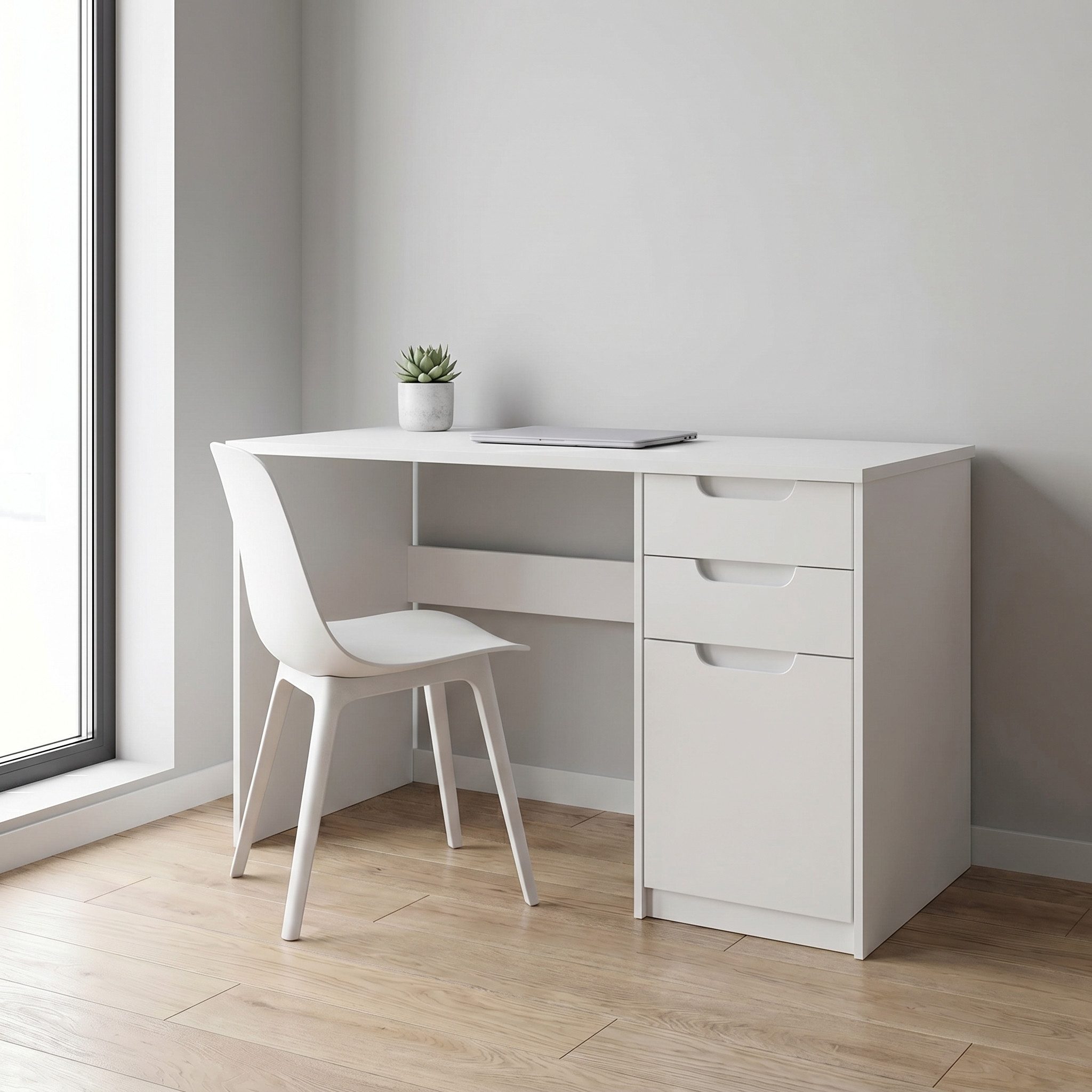 Vladon Schreibtisch Logan (Bürotisch, mit 2 Schubladen und 1 Tür), Weiß matt/Weiß matt (129 x 76 x 60 cm)