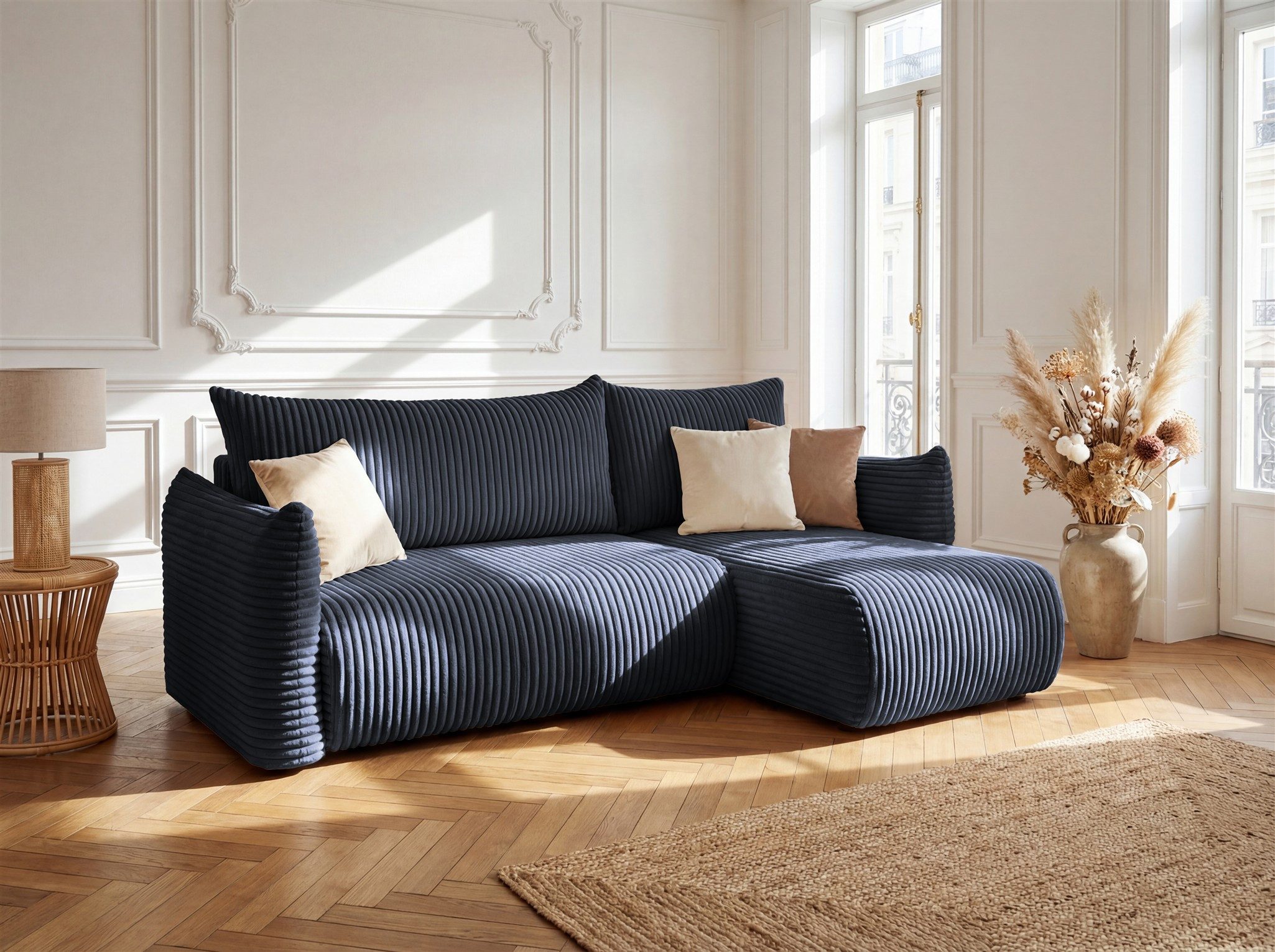 Fun Möbel Ecksofa Schlafsofa MAILAND XS mit Ottomane in Stoff Tilia, mit Bettkasten, Ottomane Links oder Rechts