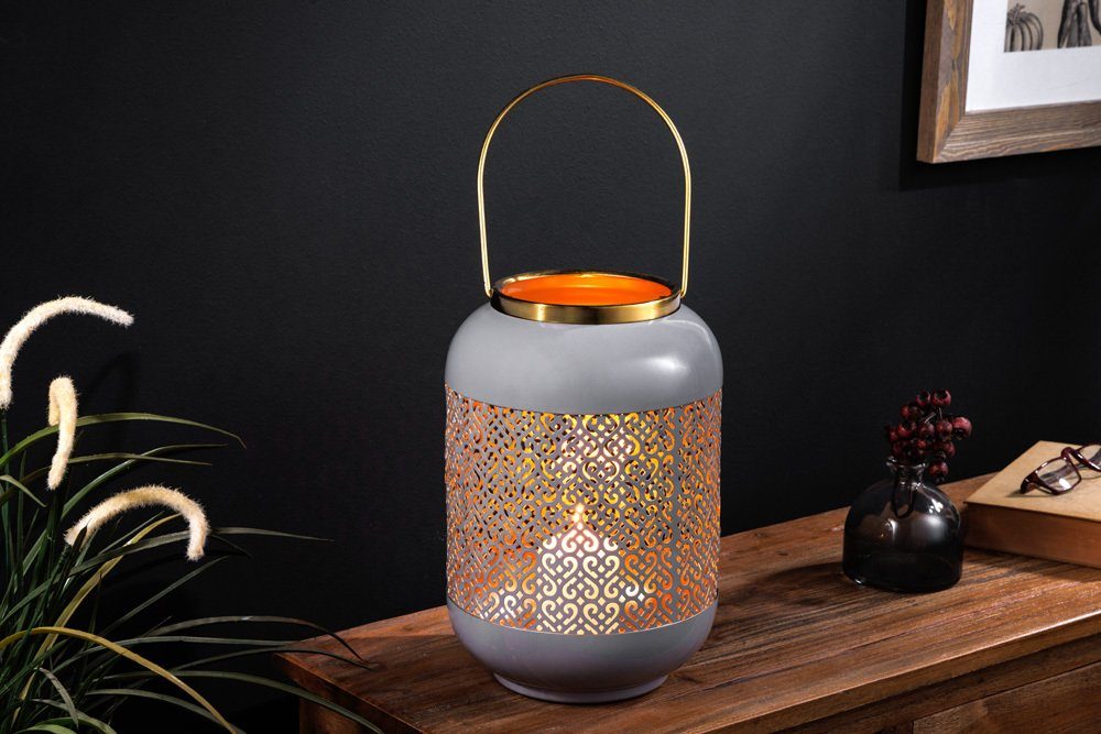 riess-ambiente Kerzenlaterne CANDLELIGHT 40cm pastell grau gold  (Einzelartikel, 1 St), Wohnzimmer · Metall · Dekoration · Windlicht ·  orientalisches Design