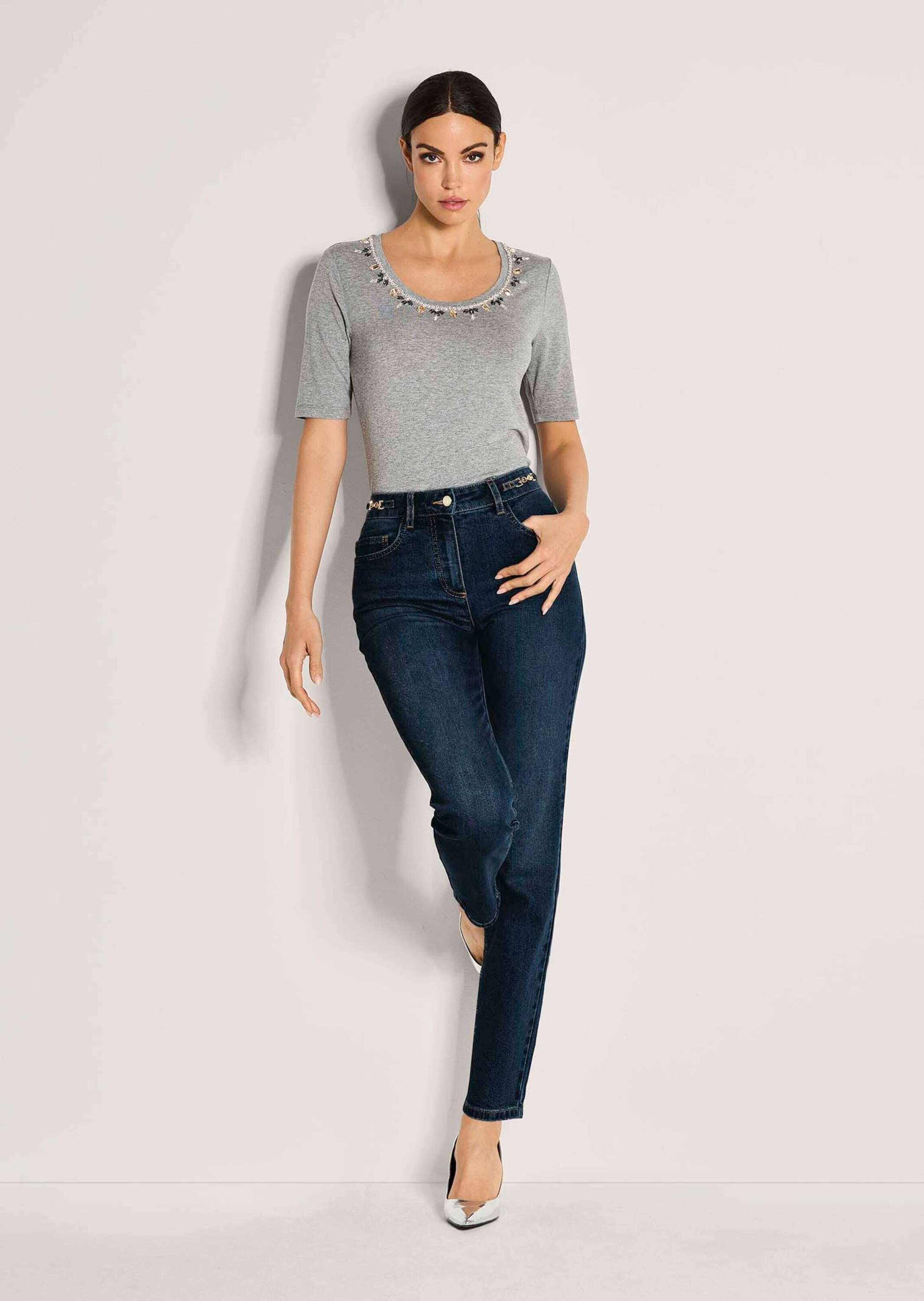 MADELEINE Gerade Jeans Kurzgröße: Lange Slim Fit Stretch-Jeans Waschung mit Kettendetails, High Waist Hose mit langem Bein