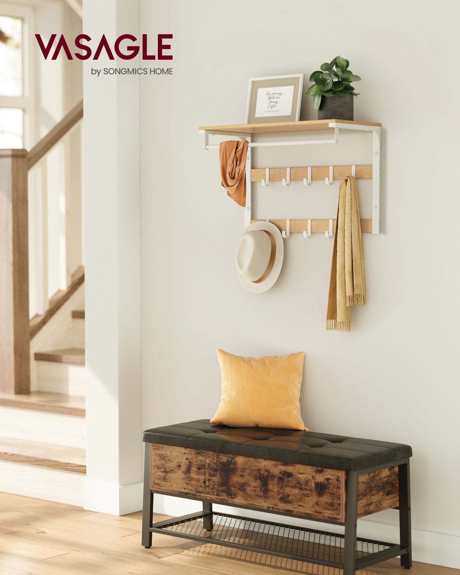 VASAGLE Wandgarderobe, Wandregal, mit Haken, 65 x 30 x 42 cm (L x B x H)