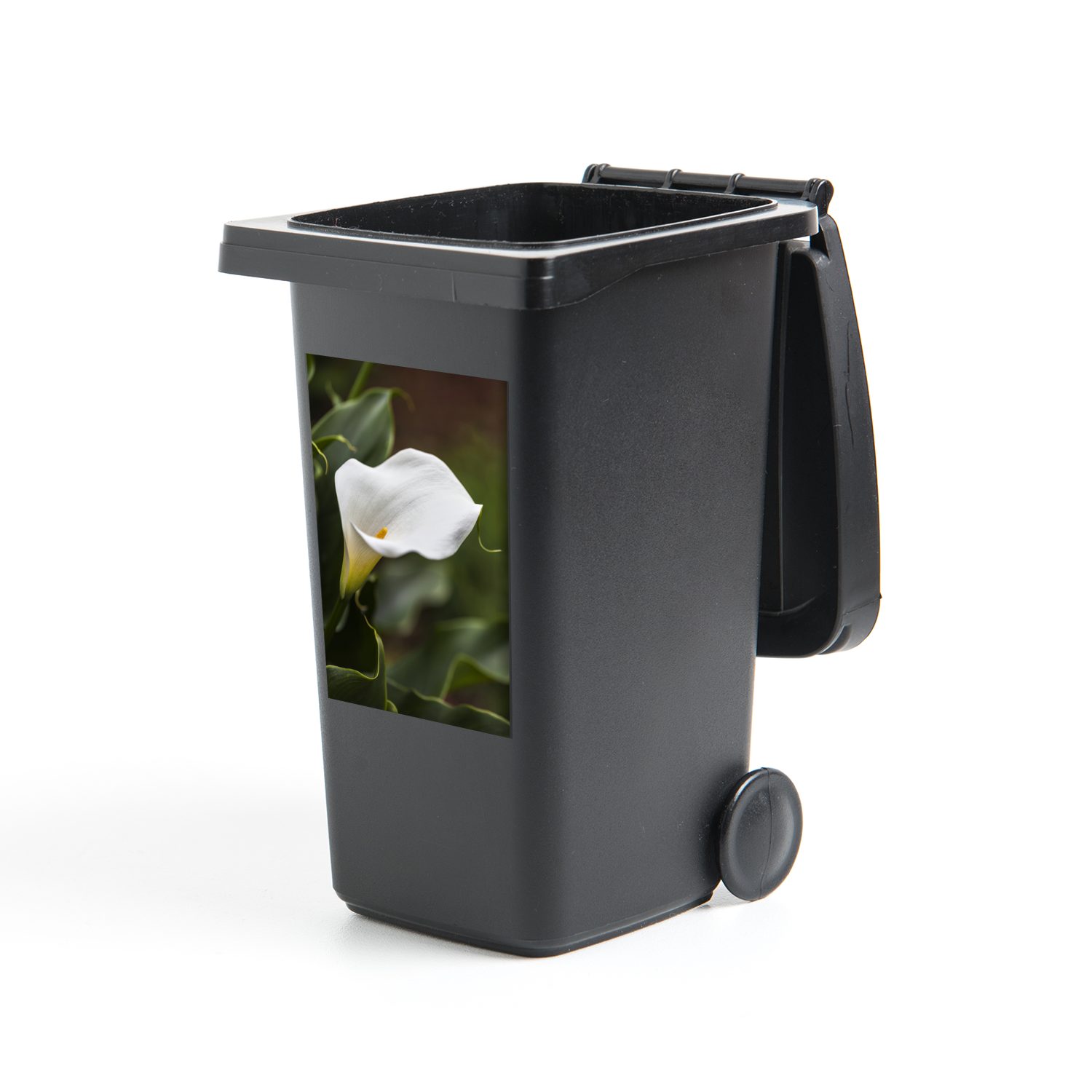 Mülleimer-aufkleber, St), Sticker, Wandsticker Mülltonne, grünen MuchoWow (1 Abfalbehälter zwischen Calla-Blüten Container, Weiße Blättern