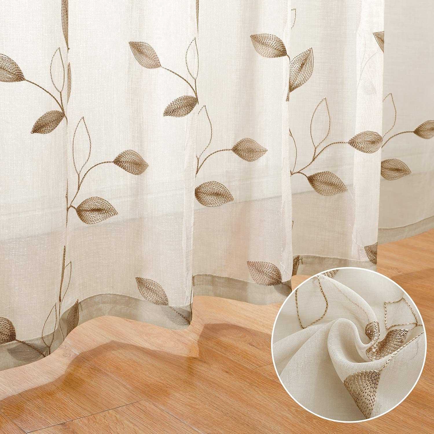 BYSURE Gardine Voile Scheibengardinen modern Wohnzimmer Bistrogardine für Küche, Bad (2 St), Stangendurchzug, transparent, Küchenvorhänge, besticktes Blattmuster, Vorhänge für kleine Fenster