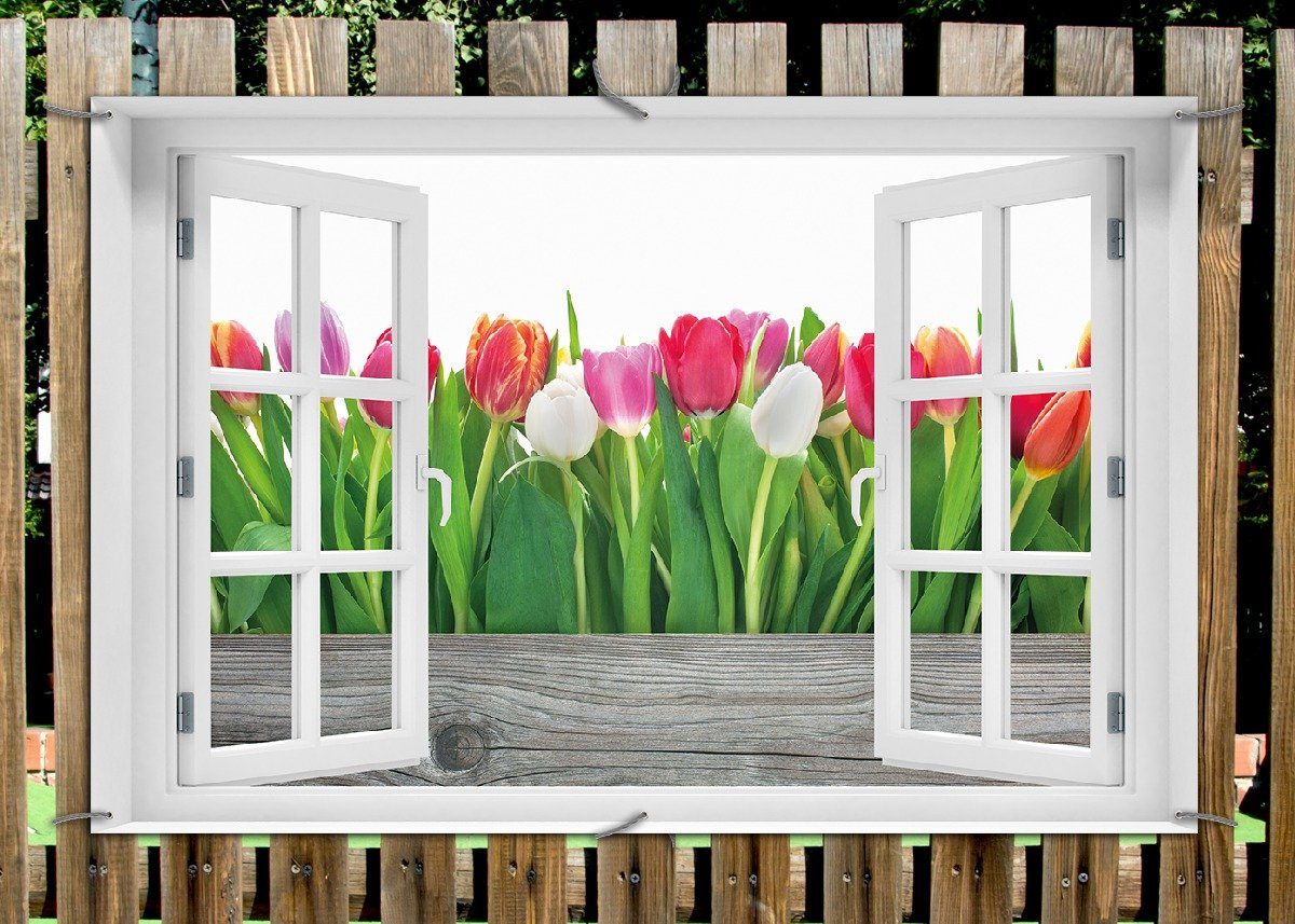 Thumbnail - Wallario Sichtschutzzaunmatten Rote weiße und pinke Tulpen im Frühling, mit Fenster-Illusion