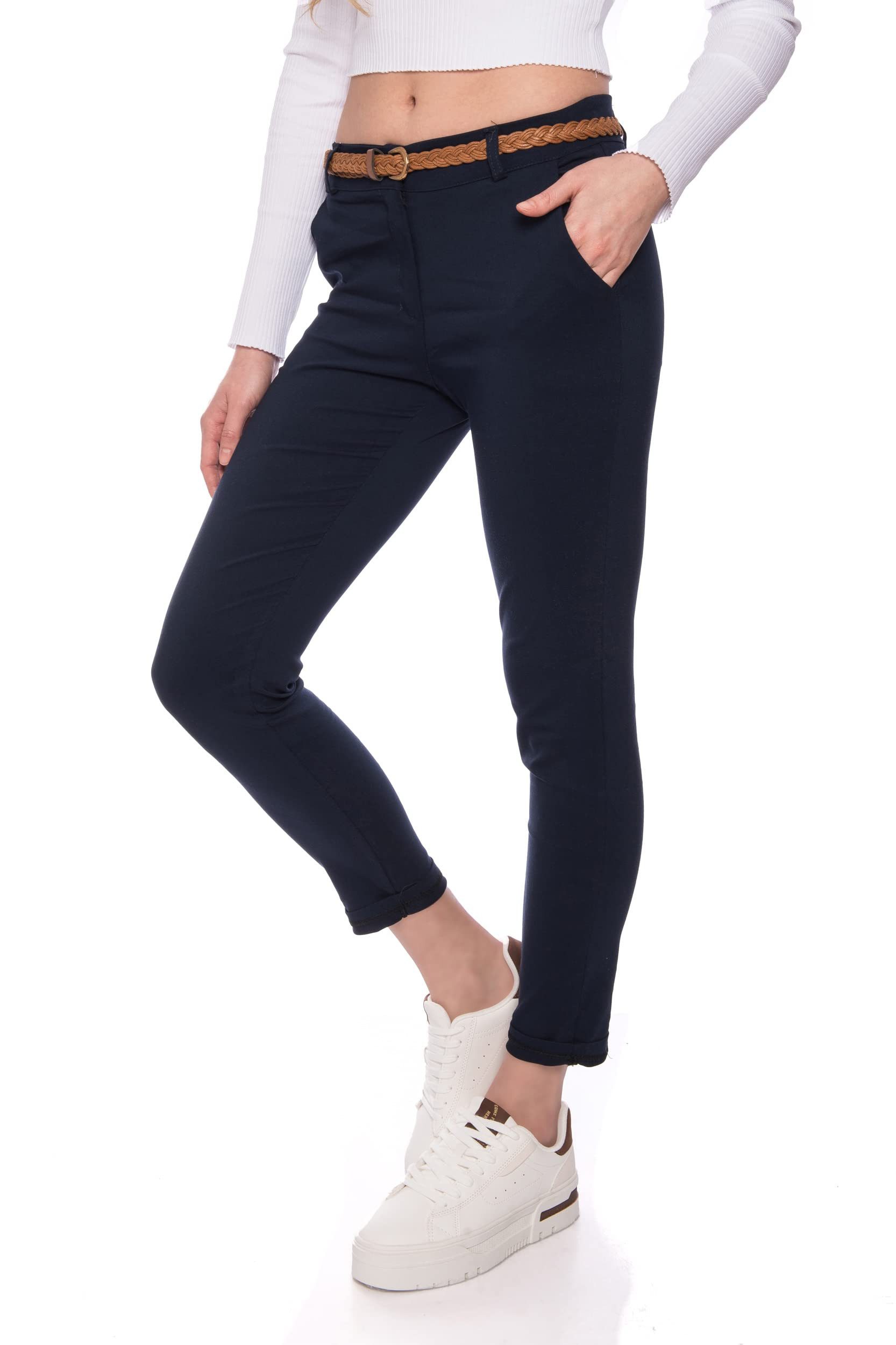 Kendindza Chinohose Chino Damen Hose Stretch mit Gürtel Stoffhose Damen elegant lang - 7/8 Elastisch, Gürtel