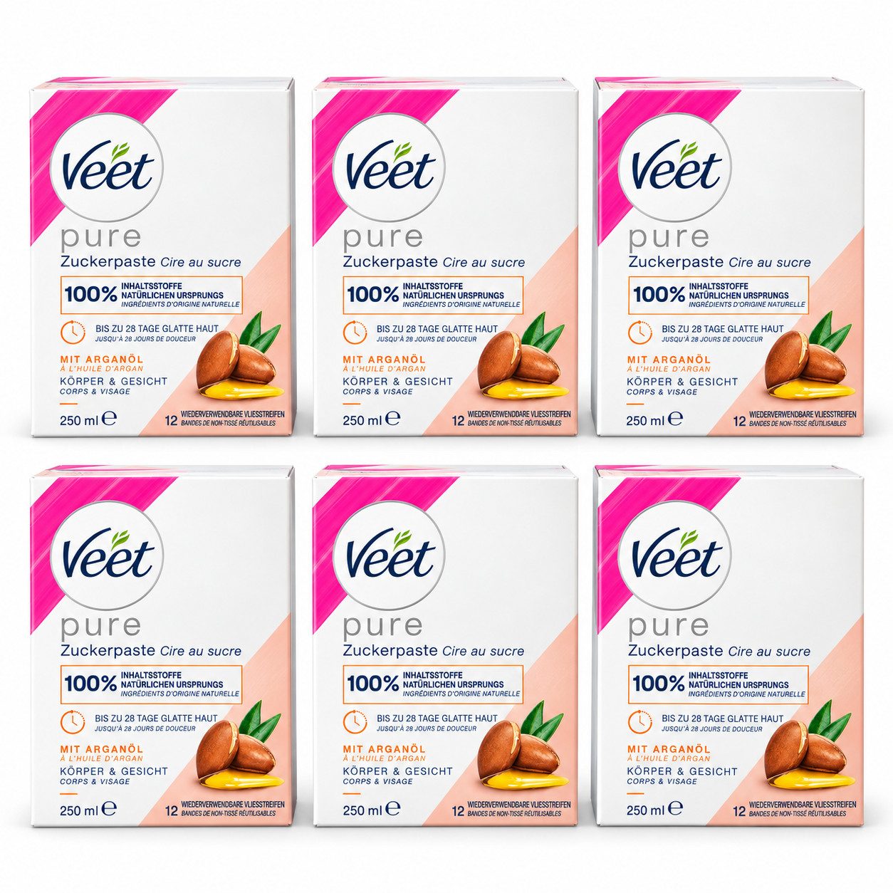 Veet Zuckerpaste mit Arganöl 6 x 250 ml – Haarentfernung für samtglatte Haut, 6 St.