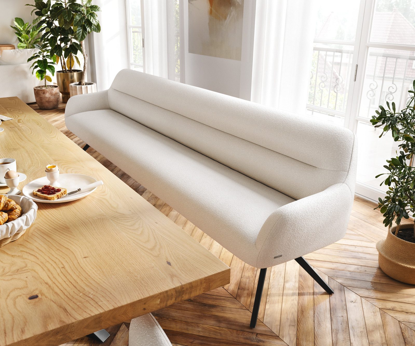 DELIFE Essbank Taya-Flex, 300 cm Kreuzgestell kantig Schwarz Bouclé Creme-Weiß Taschenfederkern