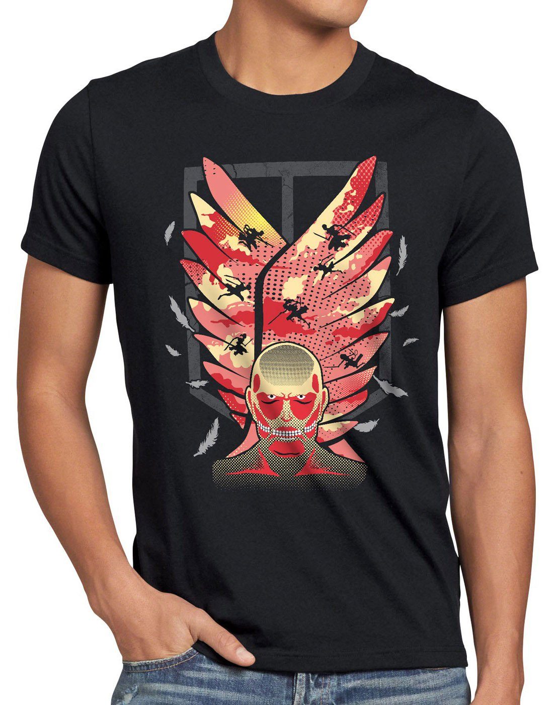 style3 Print-Shirt Herren T-Shirt Attack Wings Aufklärungstruppe AoT Titan Wappen Eren Riesen Jäger schwarz
