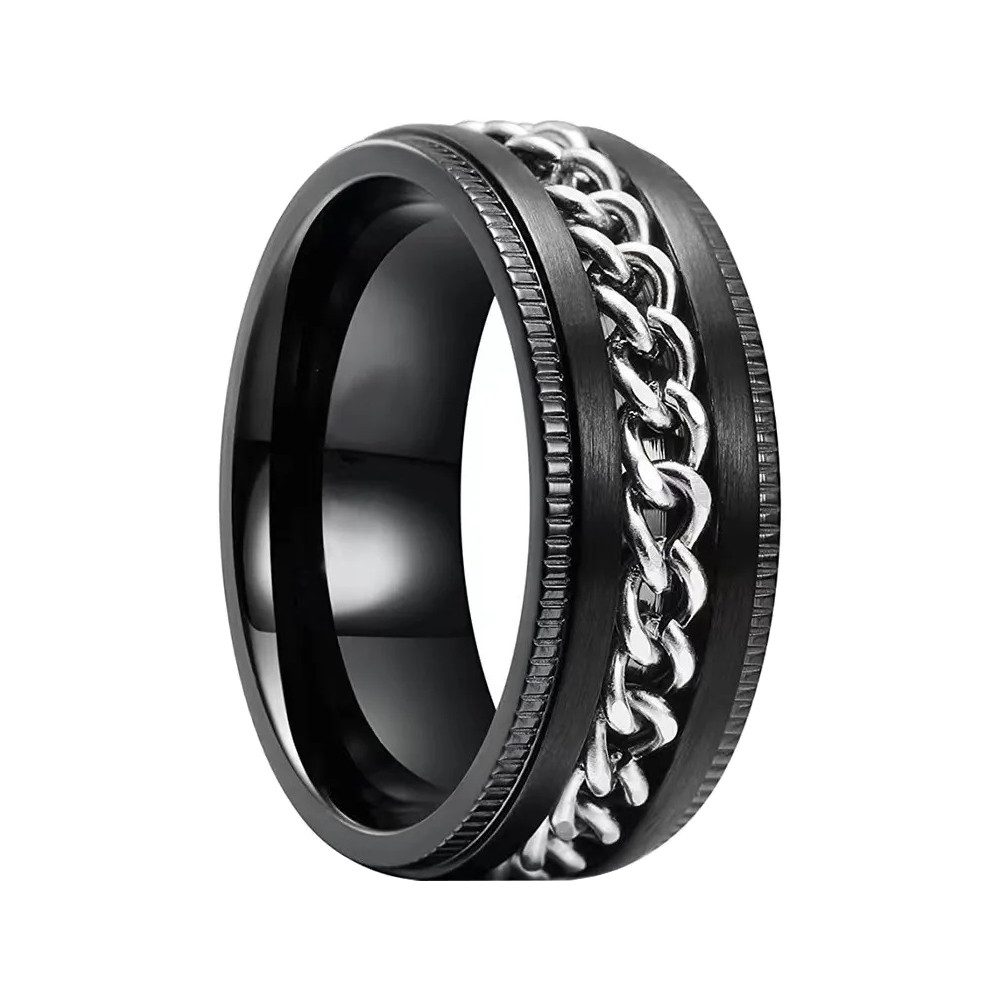 Taffstyle Fingerring Ring Spinner bewegliche Kette Schwarz Silber Размер 70 (22.3) (Bandring Biker Schmuck Geschenke für Männer Herren), Edelstahl spinning Drehring Partner Fingerring Herrenring