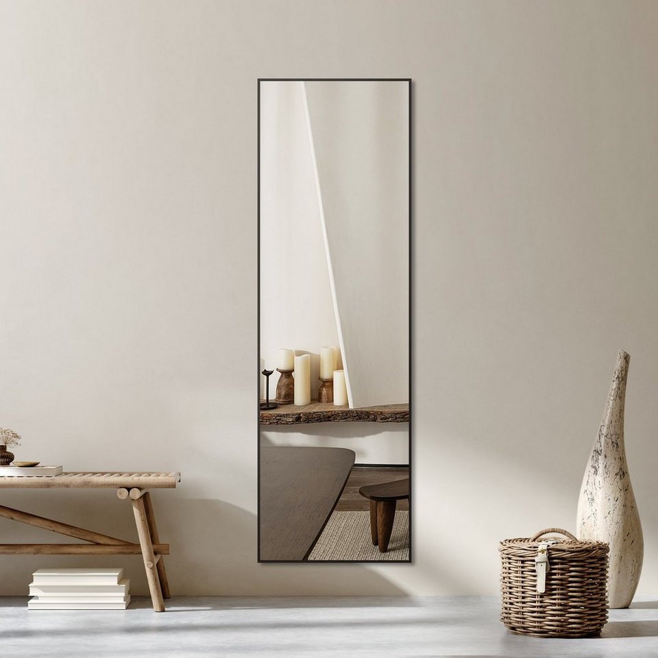 Boromal Standspiegel 150x50cm Ganzkörperspiegel Wandspiegel Spiegel groß  Schwarz Alu-Rahmen (Hochspiegel eckig, mit Metall-Haken), HD Kupfer- und  bleifreier Spiegel, Freistehend, Wandmontage